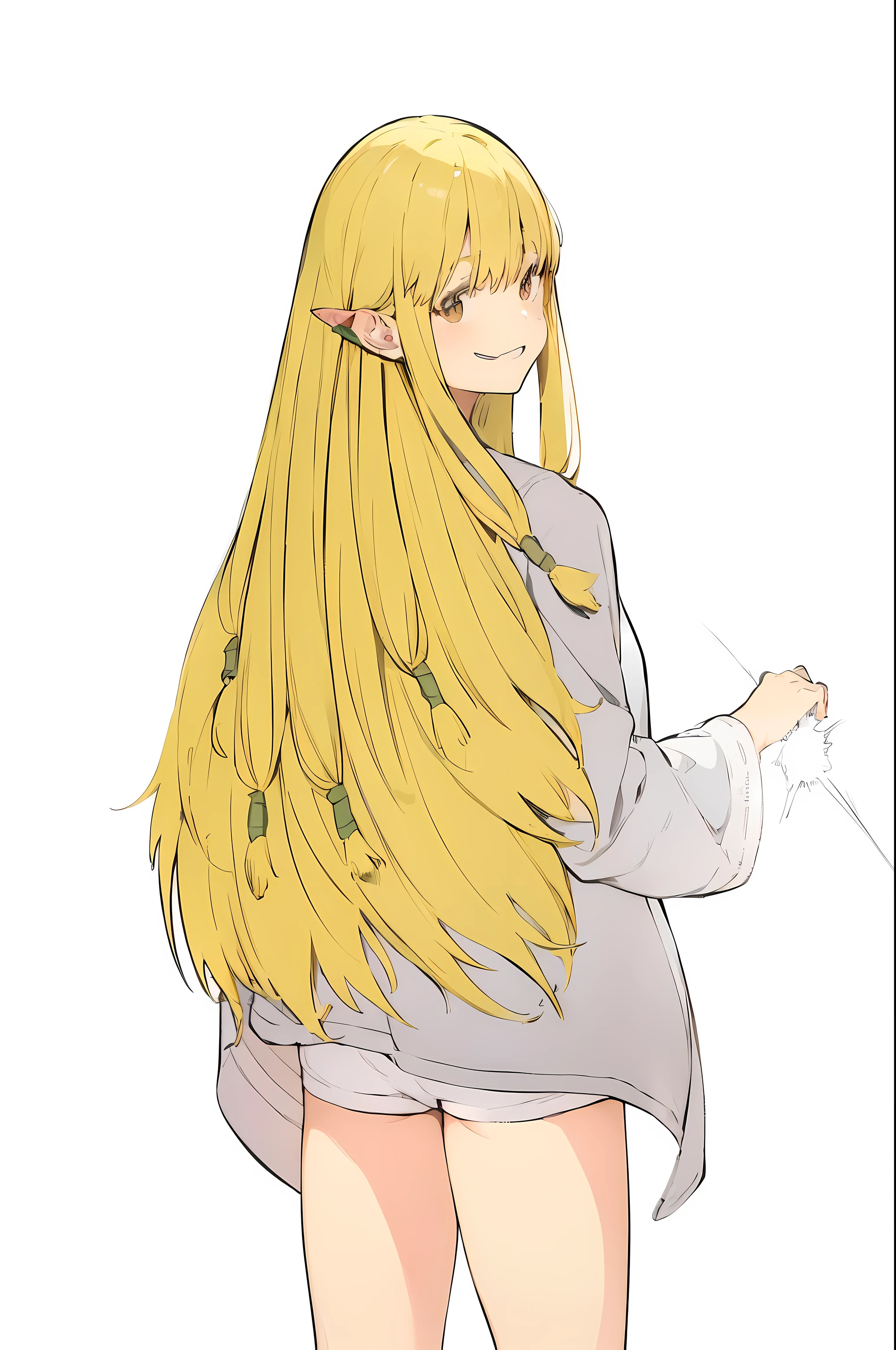 anime girl with long blonde hair and a gray shirt, blonde anime girl with long hair, anime girl with long hair, the hime cut,