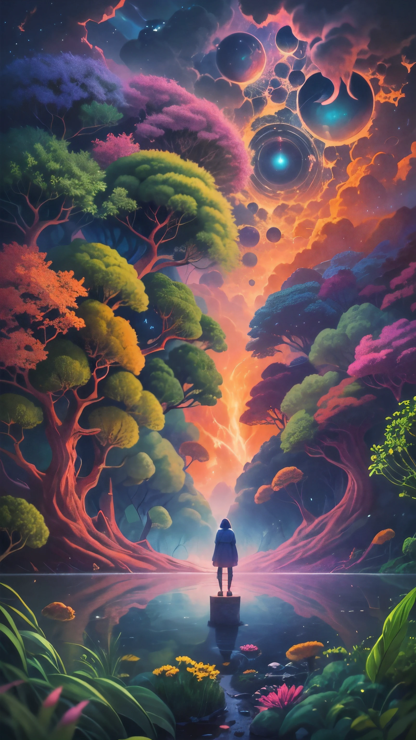 Obra maestra, 4k, Ultra Resolution, Best image resolution, Stunning illustration depicting a person's inner universe, mostrando sus pensamientos, Emotions and dreams in a surreal and magical landscape. Use vivid colors and meaningful symbols to reflect the complexity of the human mind. Green colours