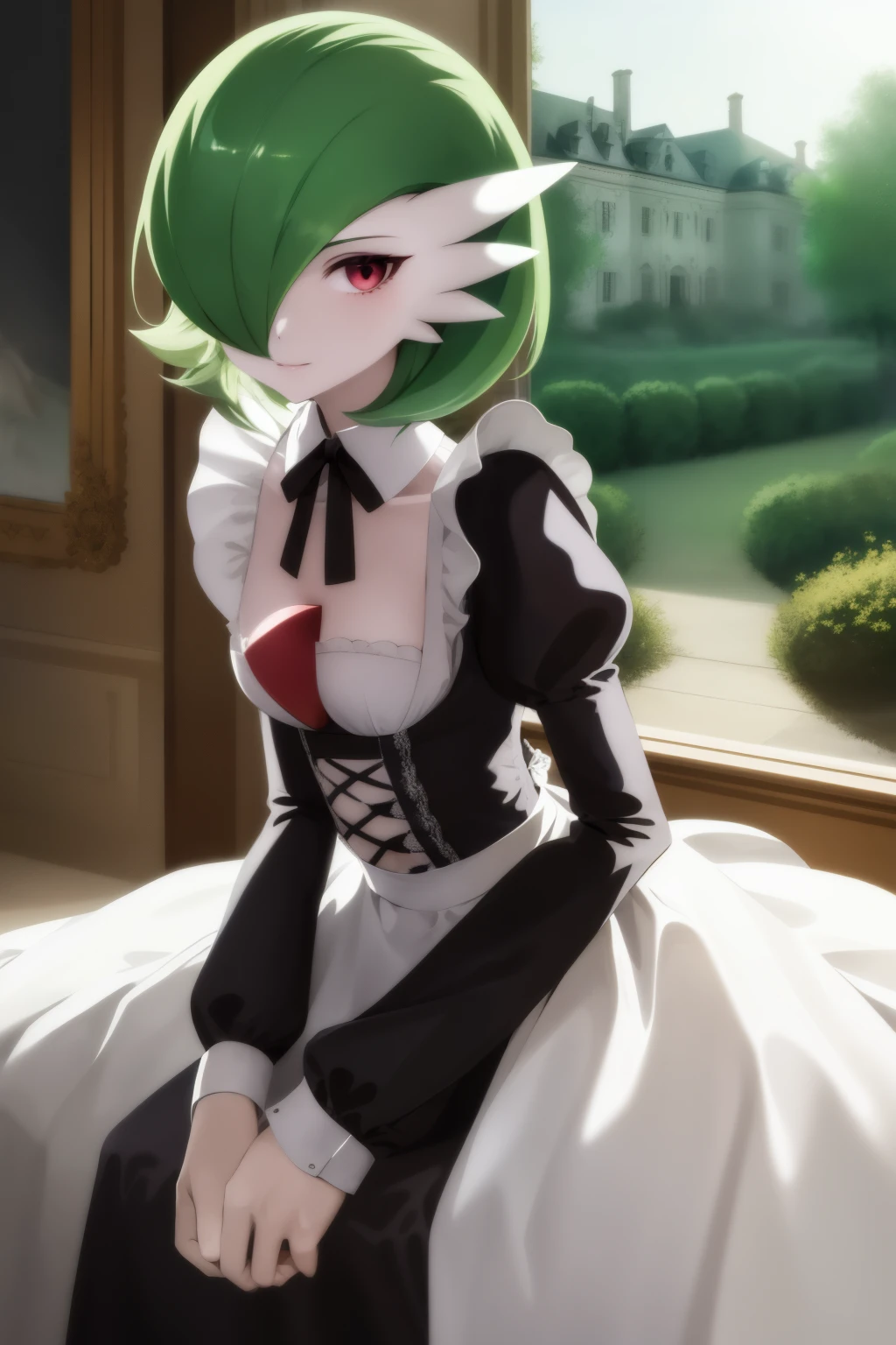 masterpiece, best_quality, 1girl, solo, gardevoir,  pokemon \(creature\), green hair, red eyes, maid dress, mansion