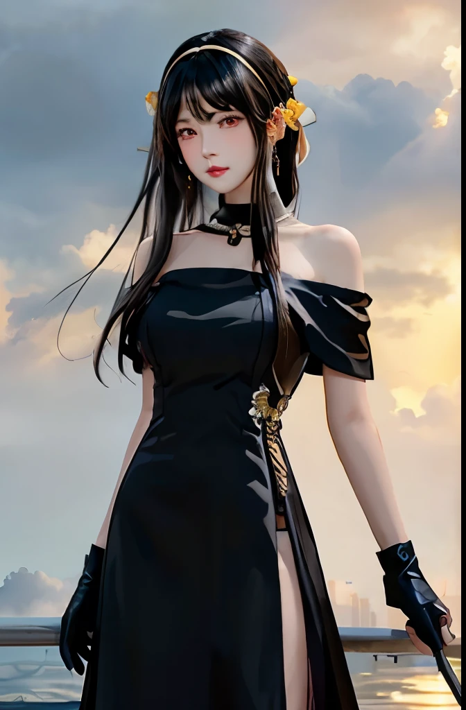 Yo Briar、（photorealistic）、beautiful girl、Knee-high boots、bare shoulders、Background of thunderclouds in cloud haze、黒いdress、黒いgloves、black hair、chest、closed mouth、cowboy shot、dress、earrings、Expressionless、指なしgloves、floating hair、gloves、ゴールドearrings、金のhair band、hair flower、hair ornaments、hair band、gem、big breasts、particles of light、long hair、look at viewer、off shoulderdress、off shoulder、red eyes、long hairのショートヘア、side lock、solo、spike、thighs、両面dress、double sided fabric、((master piece))
