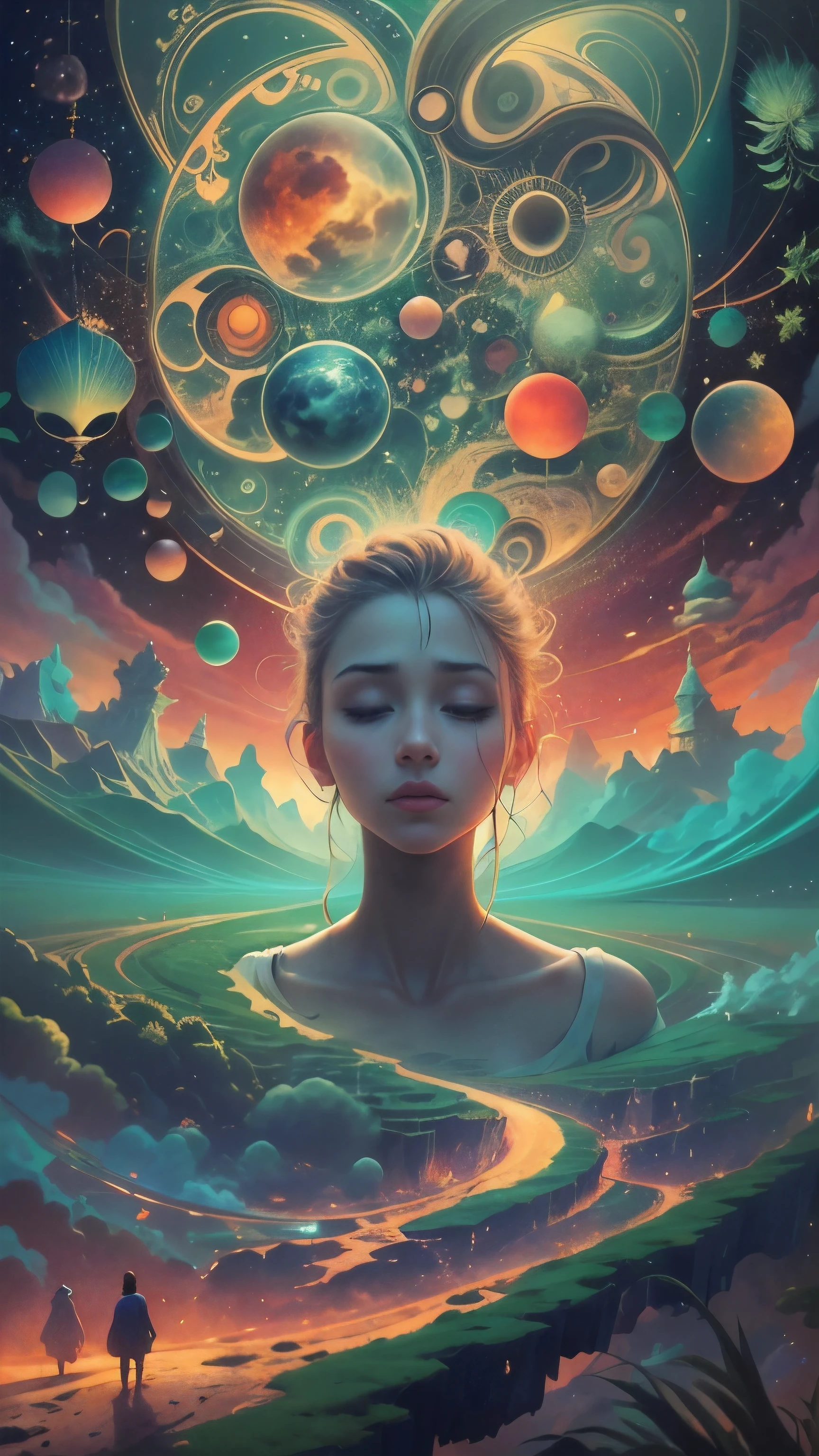 Obra maestra, 4k, Ultra Resolution, Best image resolution, Stunning illustration depicting a person's inner universe, mostrando sus pensamientos, Emotions and dreams in a surreal and magical landscape. Use vivid colors and meaningful symbols to reflect the complexity of the human mind. Green colours