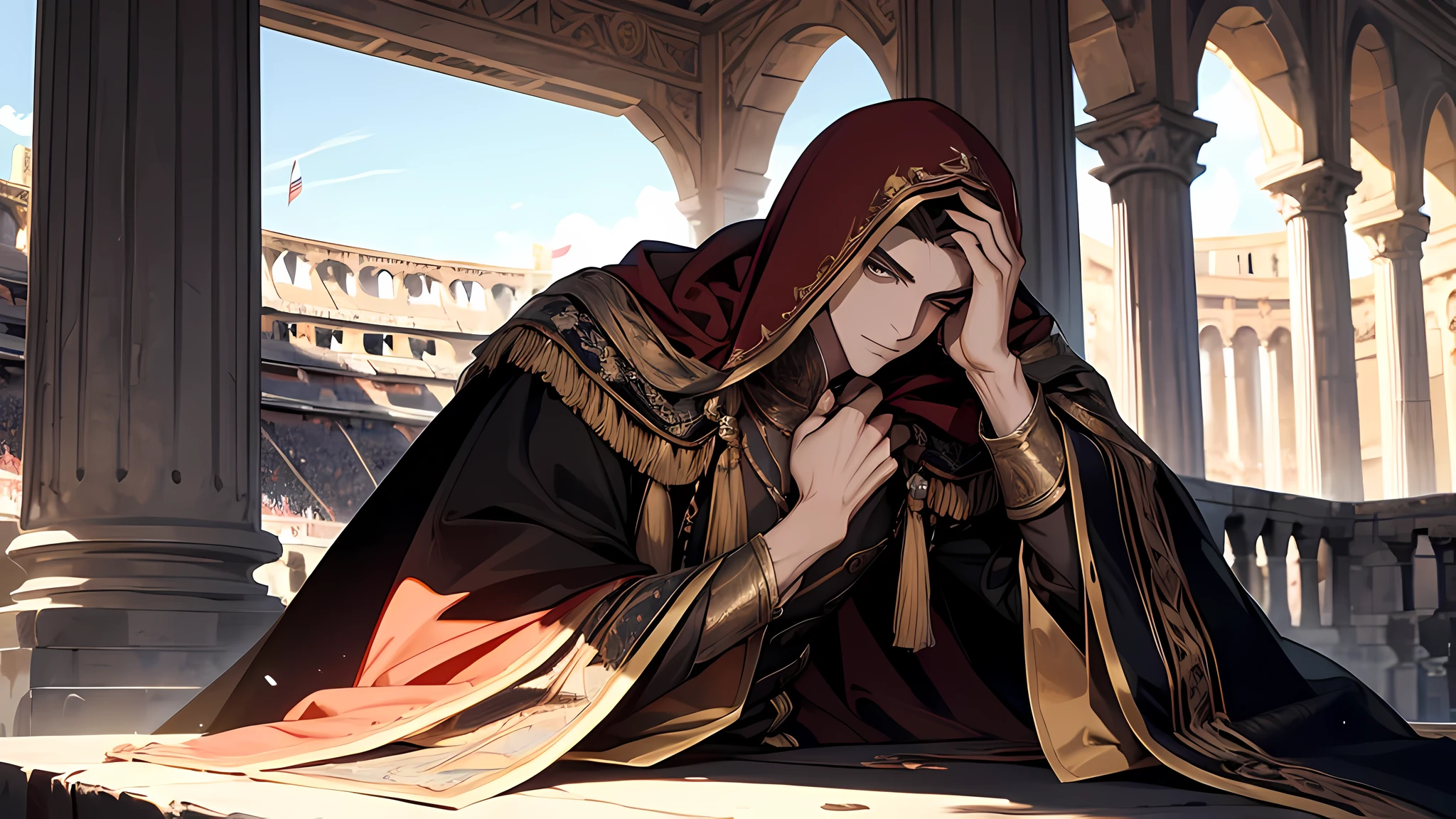 the young man resting his chin on his hands, the man is wearing a cape covering his head, watching gladiator, in colloseum, medieval times, detailed face, detailed nose, detailed eyes, who was sitting in one of the grandstands among the front row seats. High pillars, which rose from the corners in the left and right, supported a roof that covered the stand.