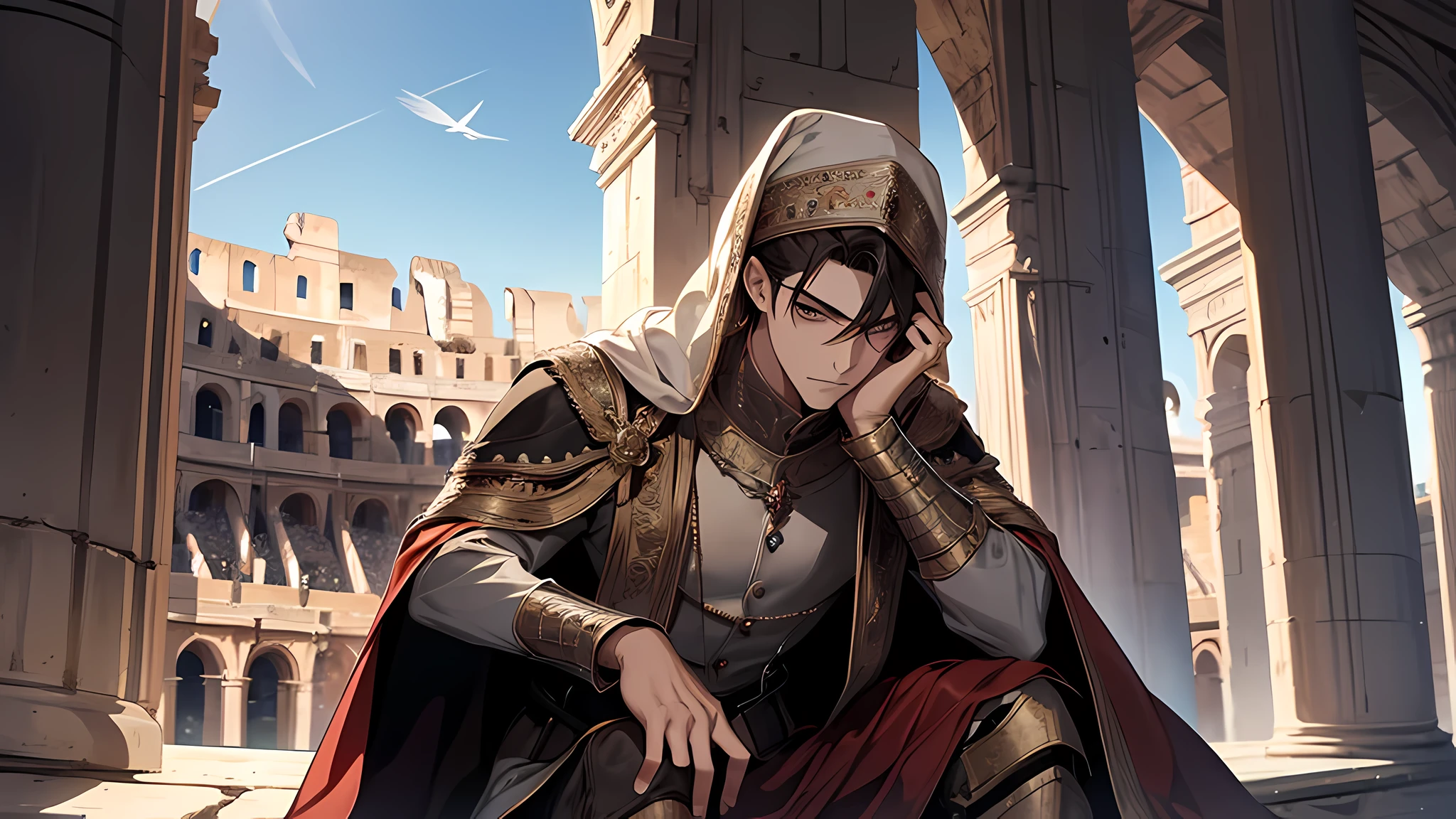 the young man resting his chin on his hands, the man is wearing a cape covering his head, watching gladiator, in colloseum, medieval times, detailed face, detailed nose, detailed eyes, who was sitting in one of the grandstands among the front row seats. High pillars, which rose from the corners in the left and right, supported a roof that covered the stand.