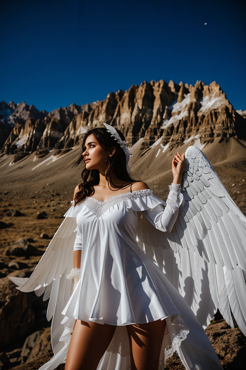 Araf woman in white dress with wings on rocky mountain, ethereal wings, Dressed as an angel, She has angel wings on her back, Angel in white gauze skirt, white wings, The majestic angel, With beautiful wings, spread wings, girl with angel wings, Wide-angle lens, Gossamer wings, bladed Wing lace frayed, Wing lace frayed