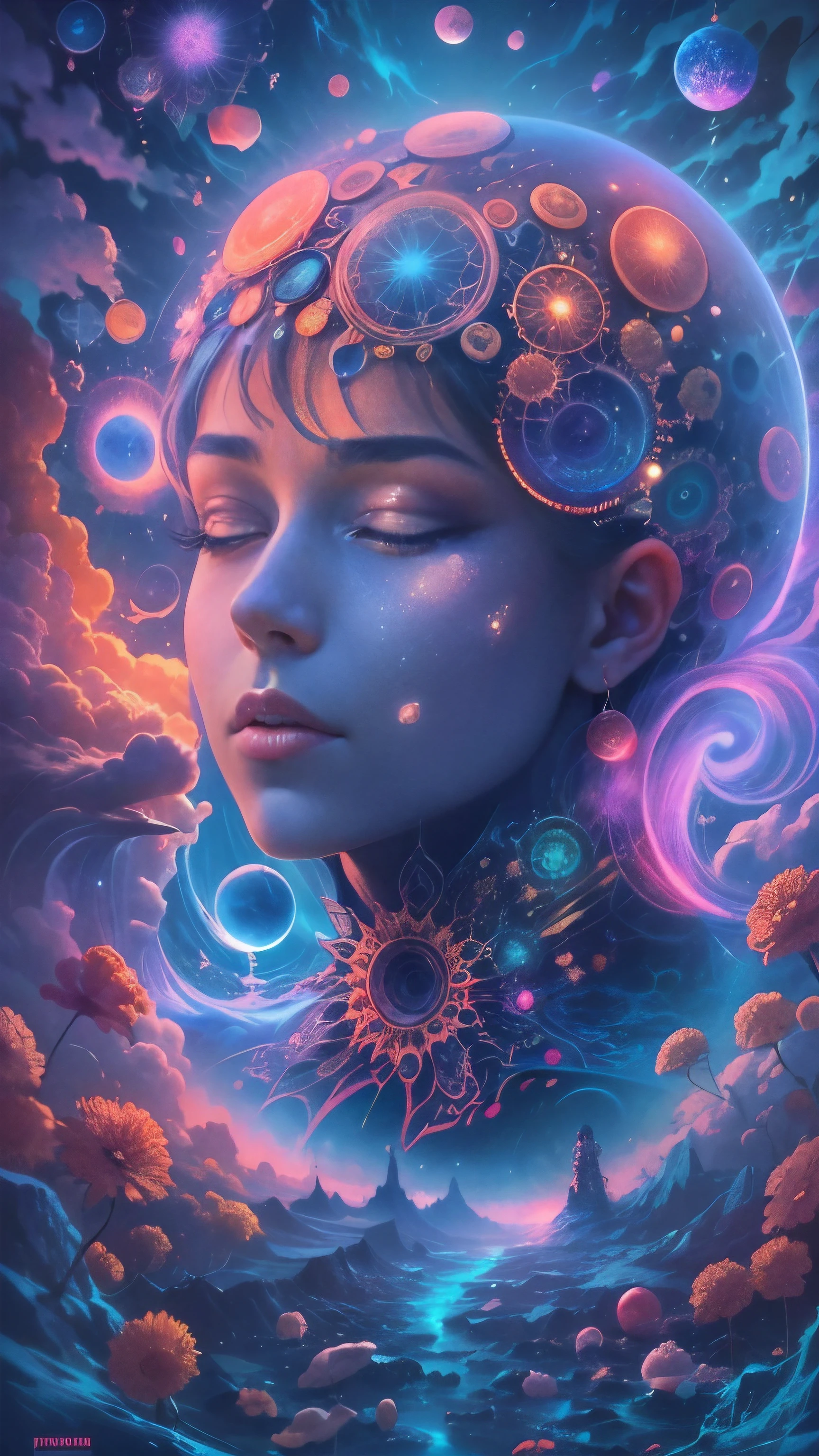 Obra maestra, 4k, Ultra Resolution, Best image resolution, Stunning illustration depicting a person's inner universe, mostrando sus pensamientos, Emotions and dreams in a surreal and magical landscape. Use vivid colors and meaningful symbols to reflect the complexity of the human mind. Blue colours