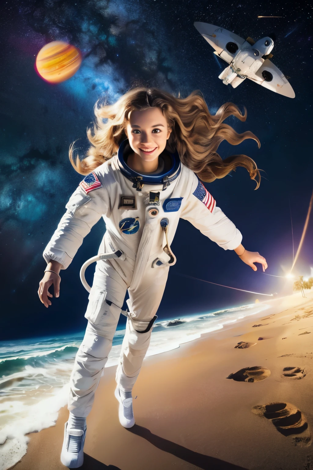 illustrator, a young woman with ((beach waves hair)), In an astronaut suit, representing space exploration, dynamic pose,
