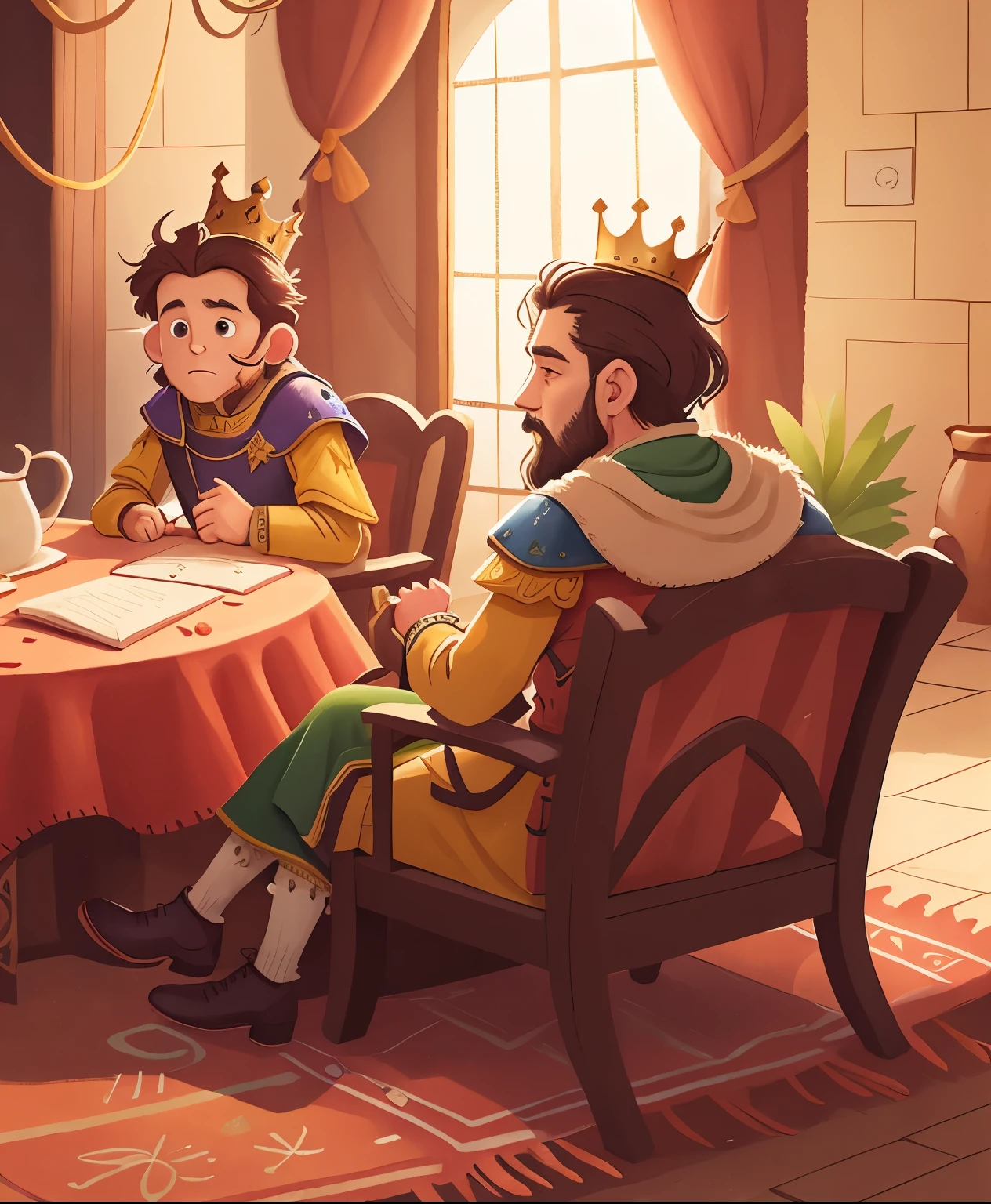 (Two kings are sitting and communicating in the palace, chairs, tables, carpets:1.5),High definition, detailed, ultra detailed,Medieval Europe, medieval clothing, watercolor, medieval style,