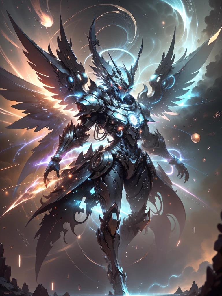 (8K, RAW photo, highest quality, masterpiece:1.2), outer space、(mech warrior), Colorful shining mechanical armor, Streamlined, Simple mechanical armor with excellent functionality, perfect body proportions, tall, dynamic angle, dynamic pose, Super detailed, realistic, shiny, reflective, bioluminescence, Hands radiate spirals of silver orbs and glowing Kundalini energy., violent thunder, super wide view,Dramatic scenes