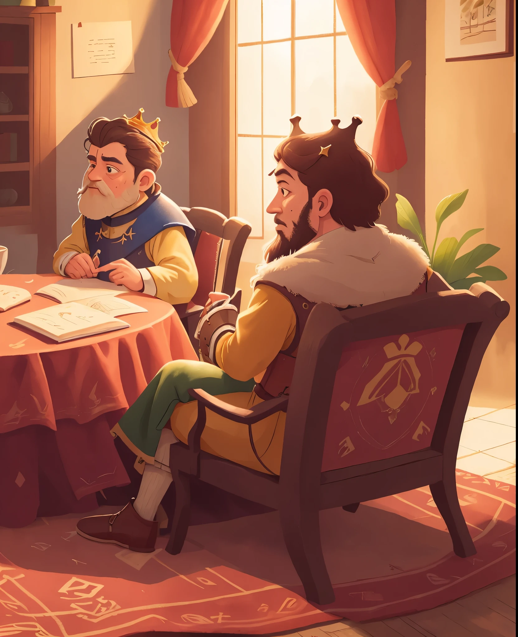 (Two kings are sitting and communicating in the palace, chairs, tables, carpets:1.5),High definition, detailed, ultra detailed,Medieval Europe, medieval clothing, watercolor, medieval style,