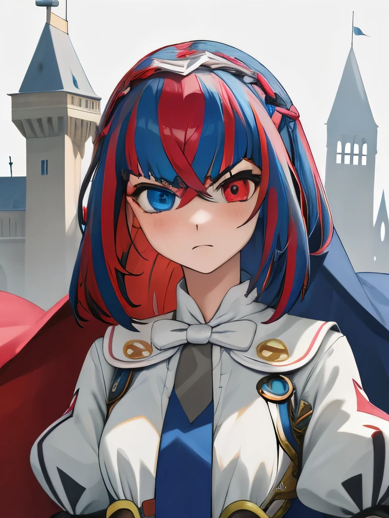 , 1girl, solo, aleardef, heterochromia, serious, castle