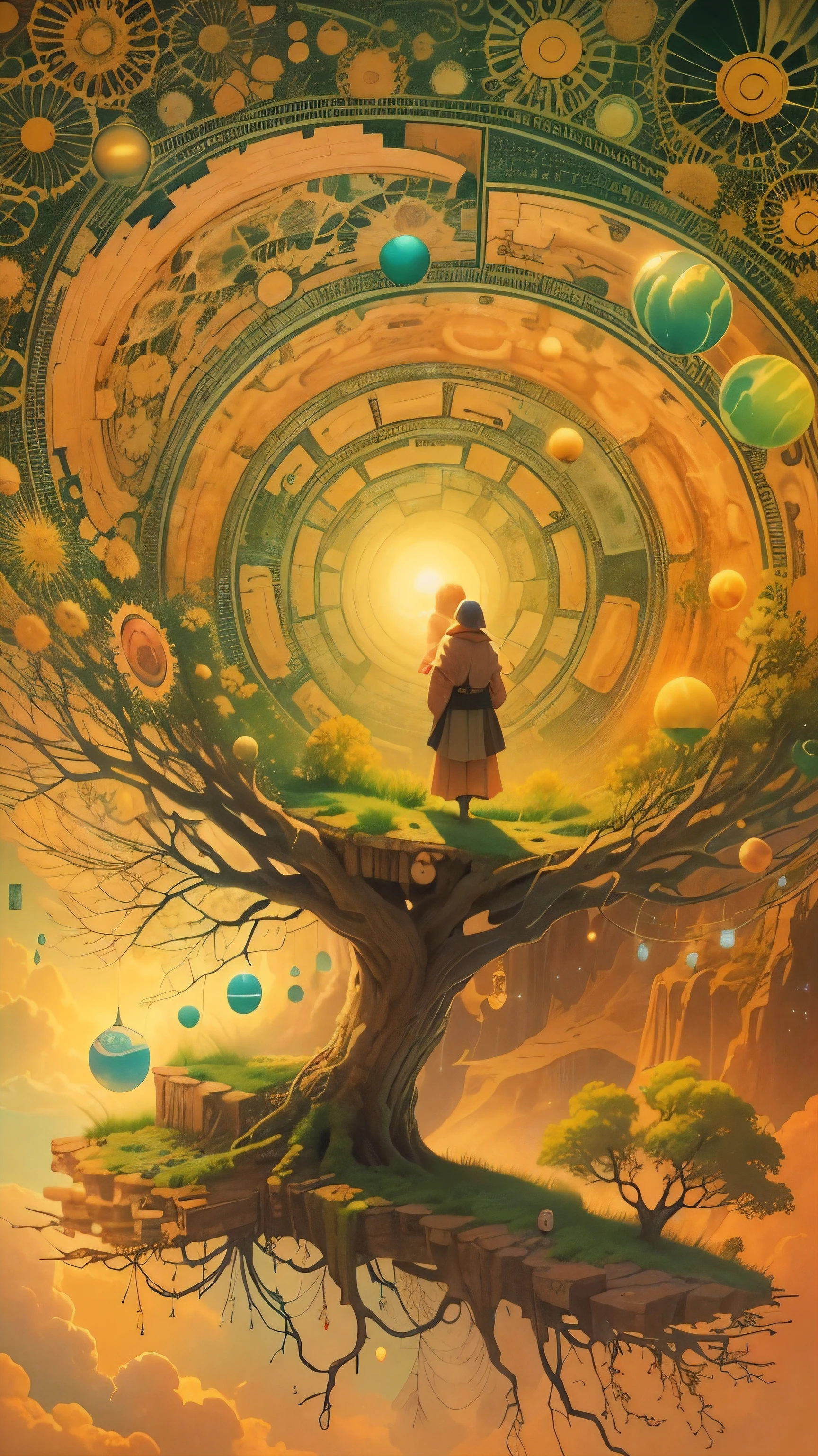 Obra maestra, 4k, Ultra Resolution, Best image resolution, Stunning illustration depicting a person's inner universe, mostrando sus pensamientos, Emotions and dreams in a surreal and magical landscape. Use vivid colors and meaningful symbols to reflect the complexity of the human mind. Yellow colours
