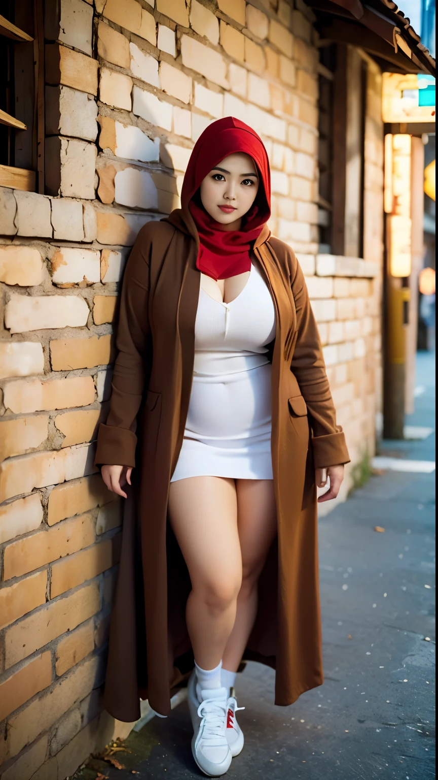 there is a woman Lean the wall with a longest brown hijab, bbwchan, thicc, brown hijab outfit, brown hijab fashion model, korean girl, korean woman, wearing brown robe, full length shot, alluring plus sized model, japanese goddess, clothed in hooded, voluptuous and arousing, portrait shot, curvy model, voluptuous body, wonderful, nene tanaka body , bbwchan, The overall atmosphere is smooth , haunting illustrations, extremely high-resolution details, photographic, realism pushed to extreme, fine texture, 4k, ultra-detailed, high quality, high contrast, red Color sneakers , large cleavage 