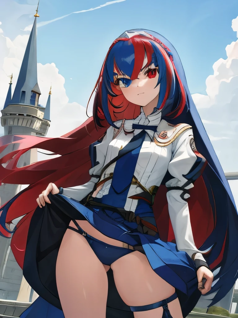 , 1girl, solo, aleardef, heterochromia, serious, castle, skirtlift