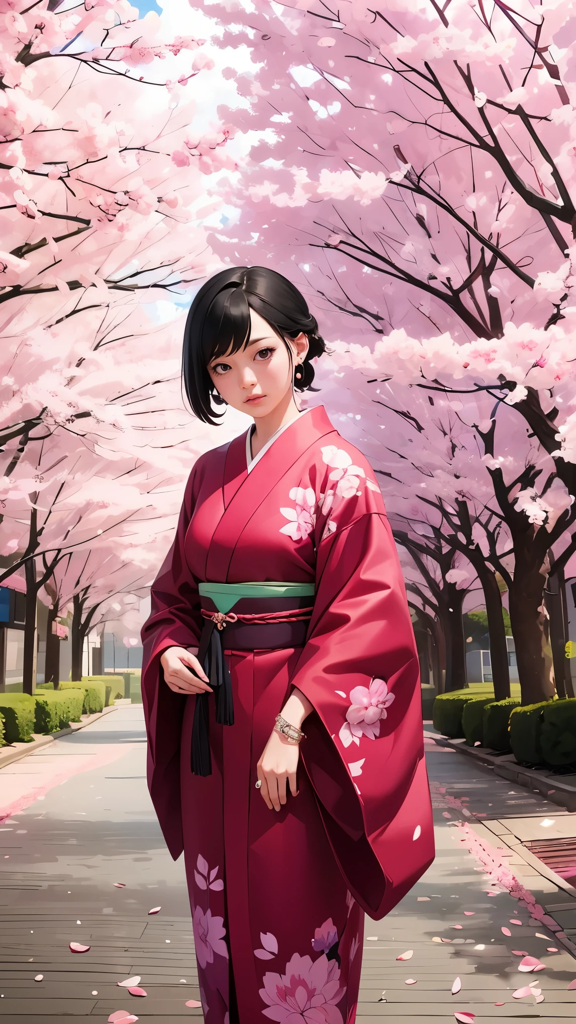 Realistic photo of japanese e-girl walking under the sakura trees, surrealism, akira style. detailed line art. fine details. fine jewelry. Eco Friendly. pink vibe.