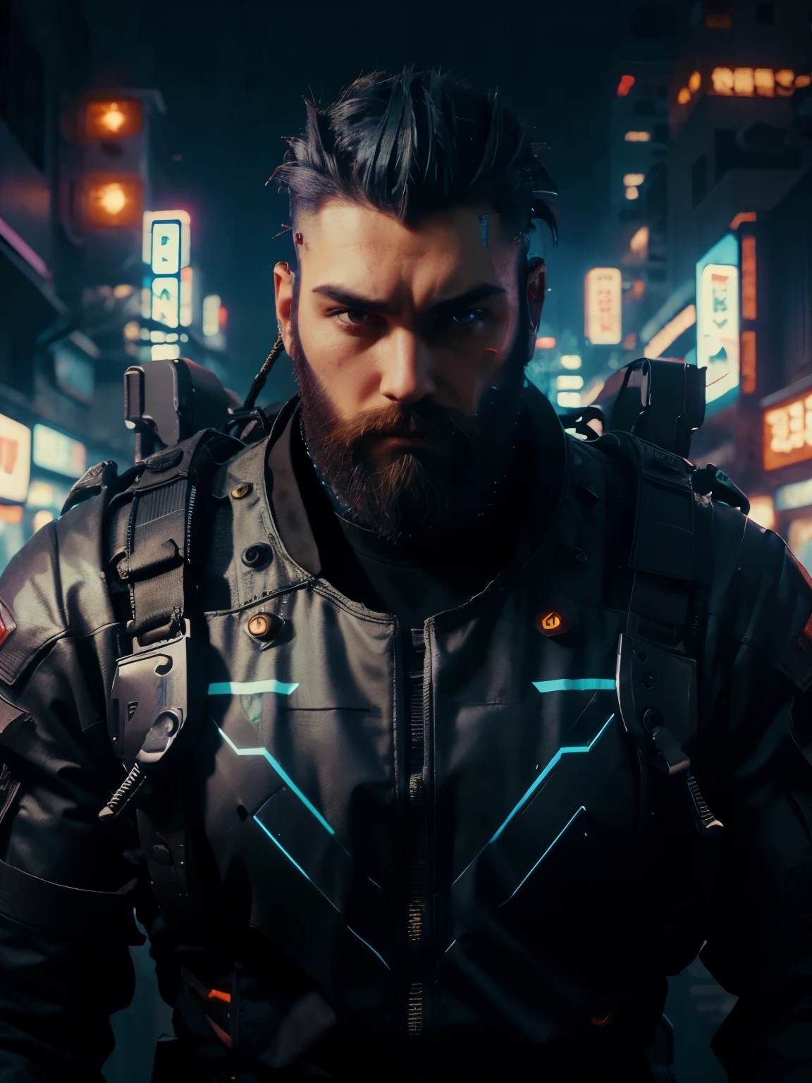 a big man soldier, bearded, slick back hair, with cyberpunk weapons, looking at camera, cyberpunk city back ground, animation style, 4k quality, super detailed, high resolution , purple light