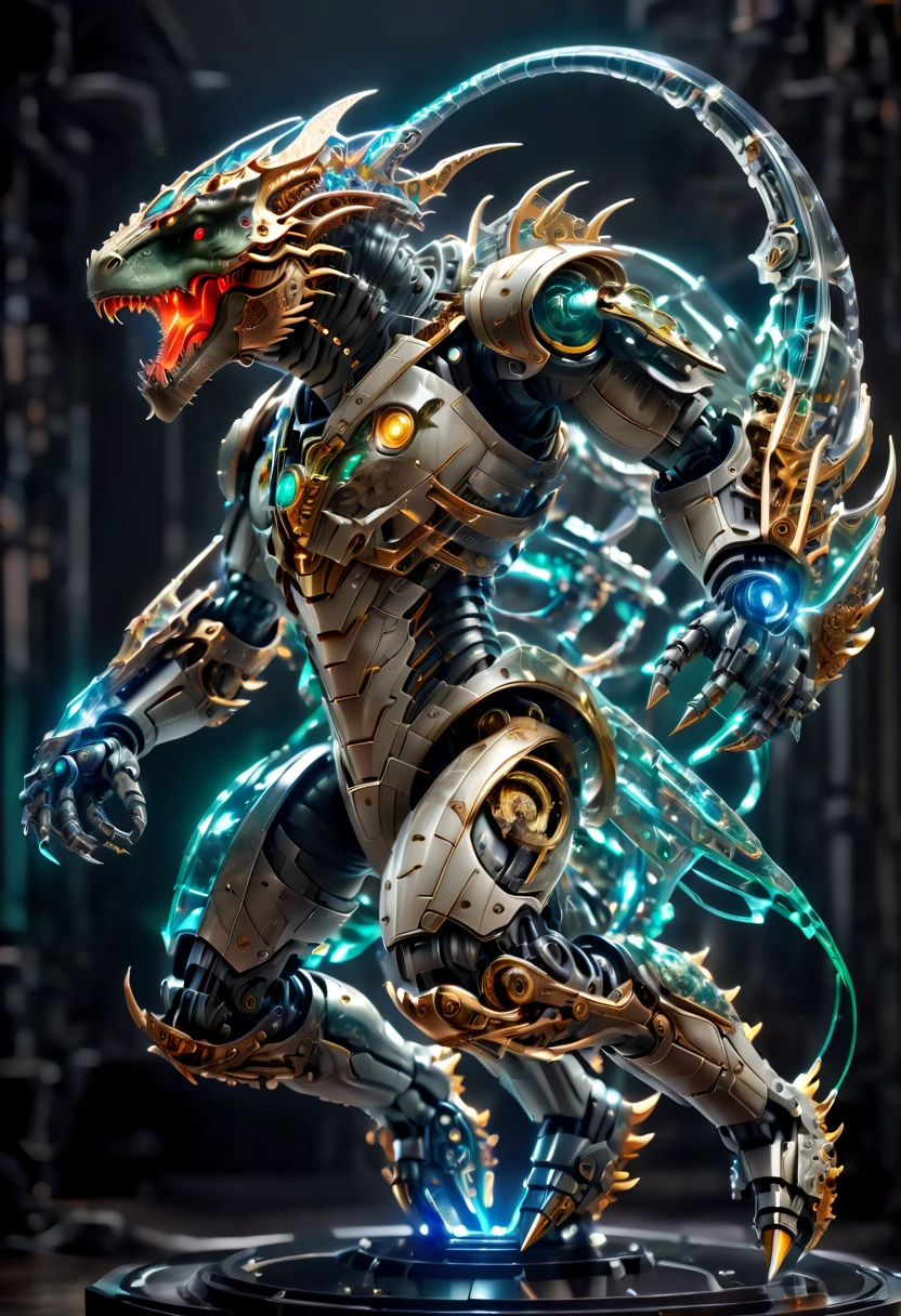 A futuristic ultra-modern mechanical warrior, built entirely out of precise machinery, with a head in the form of a T-Rex. Key components of this warrior feature transparent glowing parts, emphasizing its advanced technological prowess. The warrior is captured in a dynamic pose, wielding a laser sword with an imposing and majestic demeanor. This full-body image is set on a battlefield, highlighting the warrior's readiness for combat. The design combines the ferocity of a dinosaur with the sophistication of future tech, showcasing intricate mechanical details and glowing elements to highlight its power source, conveying a sense of dominance and battle readiness. xenomechanicalworld