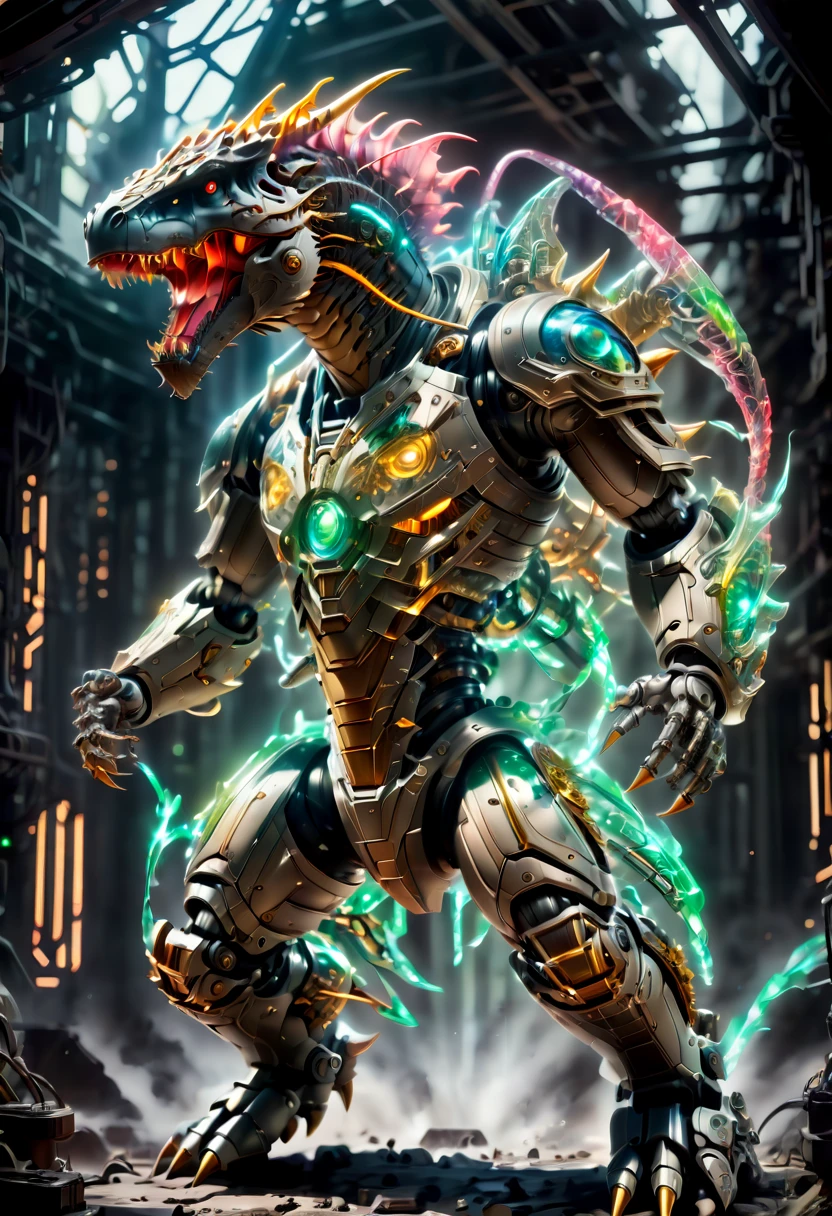 A futuristic ultra-modern mechanical warrior, built entirely out of precise machinery, with a head in the form of a T-Rex. Key components of this warrior feature transparent glowing parts, emphasizing its advanced technological prowess. The warrior is captured in a dynamic pose, wielding a laser sword with an imposing and majestic demeanor. This full-body image is set on a battlefield, highlighting the warrior's readiness for combat. The design combines the ferocity of a dinosaur with the sophistication of future tech, showcasing intricate mechanical details and glowing elements to highlight its power source, conveying a sense of dominance and battle readiness. xenomechanicalworld