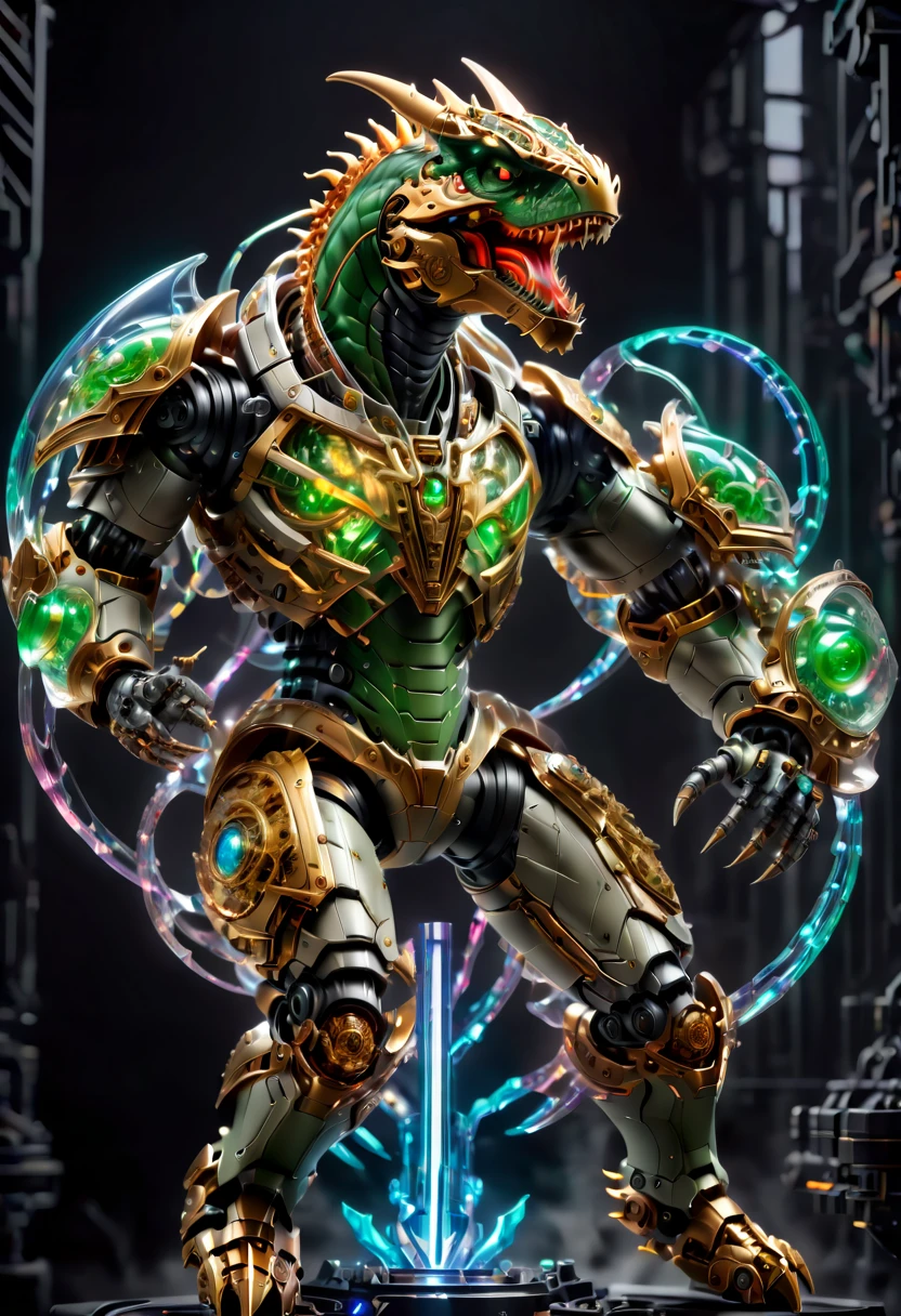 A futuristic ultra-modern mechanical warrior, built entirely out of precise machinery, with a head in the form of a T-Rex. Key components of this warrior feature transparent glowing parts, emphasizing its advanced technological prowess. The warrior is captured in a dynamic pose, wielding a laser sword with an imposing and majestic demeanor. This full-body image is set on a battlefield, highlighting the warrior's readiness for combat. The design combines the ferocity of a dinosaur with the sophistication of future tech, showcasing intricate mechanical details and glowing elements to highlight its power source, conveying a sense of dominance and battle readiness. xenomechanicalworld