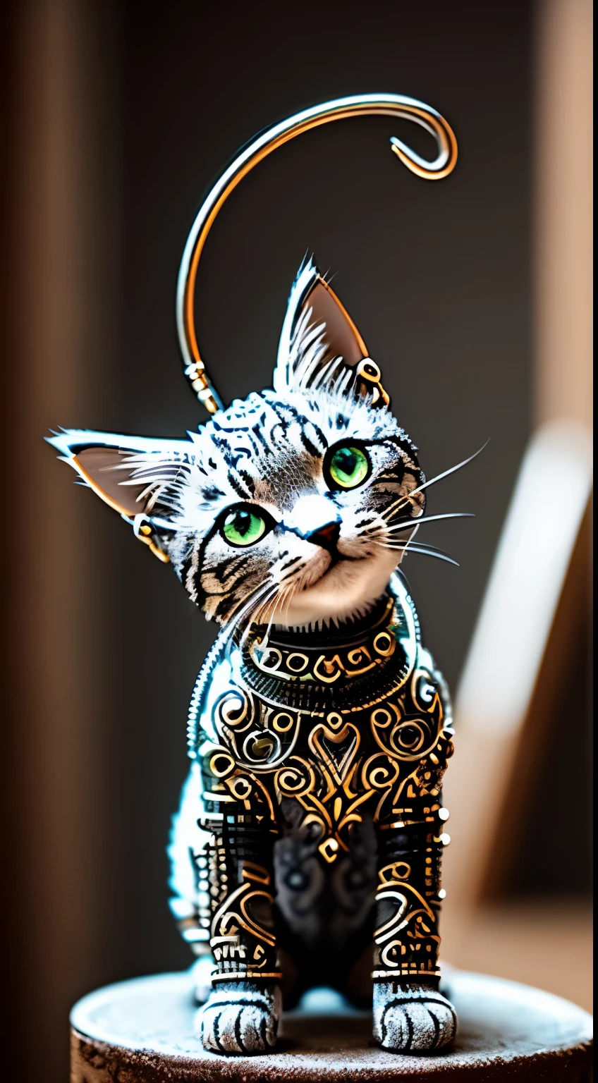 a cute kitten made out of metal, (cyborg:1.1), ([tail | detailed wire]:1.3), (intricate details), hdr, (intricate details, hyperdetailed:1.2), cinematic shot, vignette, centered