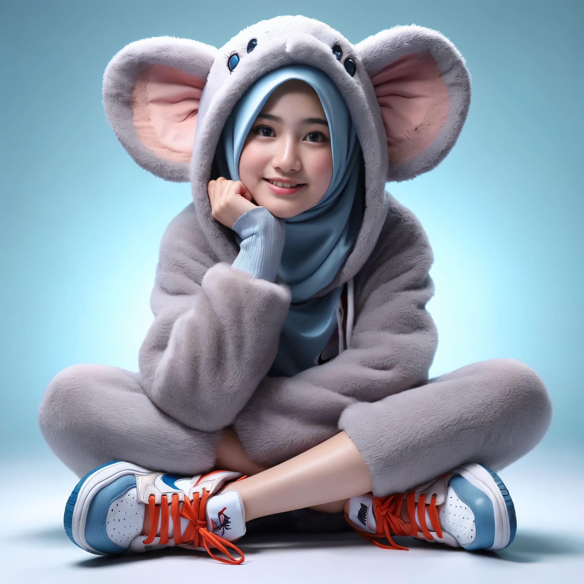 masterpiece of a 16 year old girginal face of Indonesia) wearing an animal costume (elephant), wearing a hijab, wearing Nike (Air Jordan) shoes, sitting gracefully like a model, cute pose, thin smile, very detailed, lighting from all sides, bright picture, light blue background, shooting, photography, realistic photo