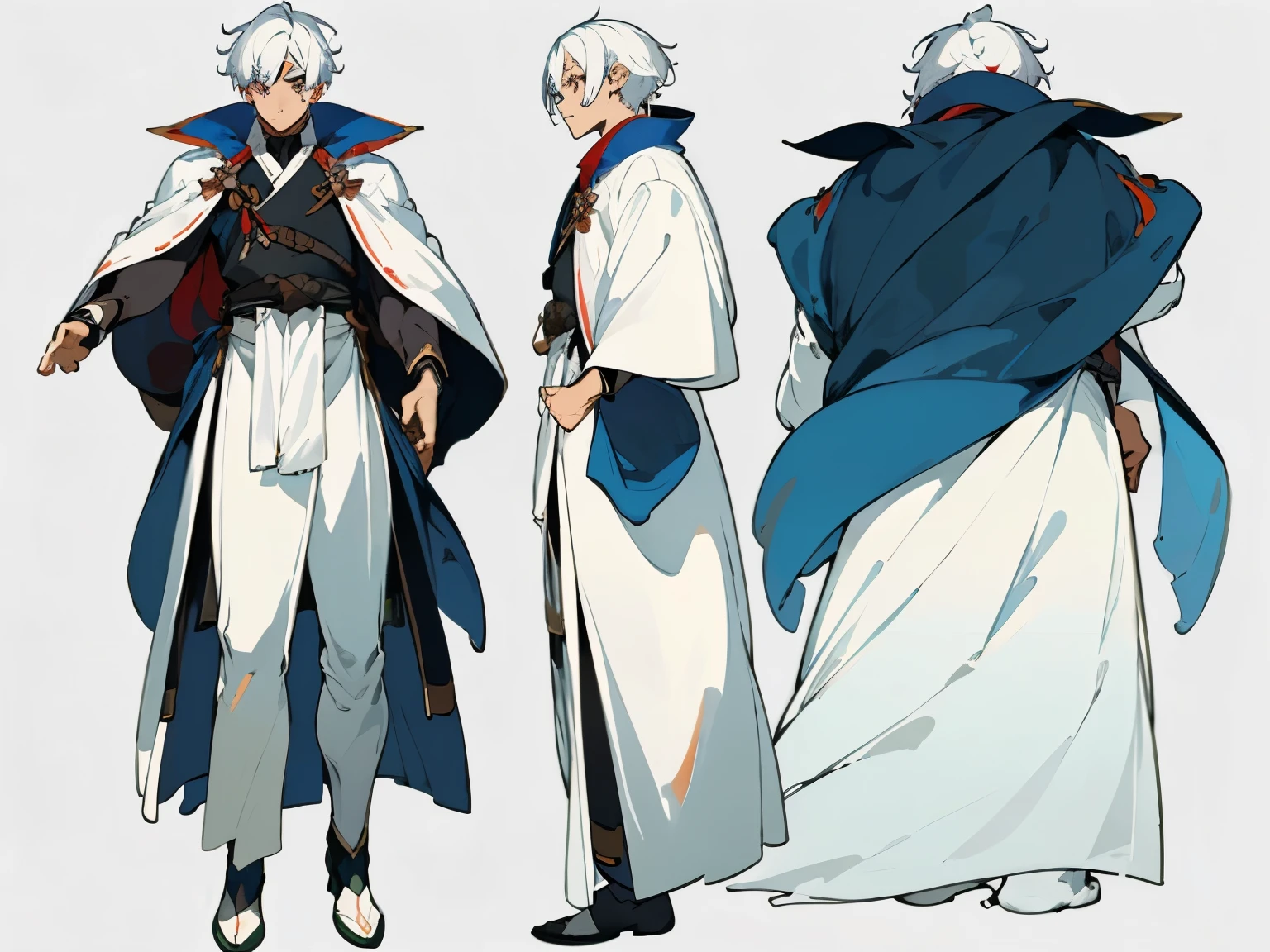 ((masterpiece)),(((best quality))),(character design sheet, same character, front, side, back), illustration, 1 boy, white hair, eyes, environment change scene, Hairstyle Fax, Pose Zitai, male, cloak, (simple background, white background: 1.3), --6