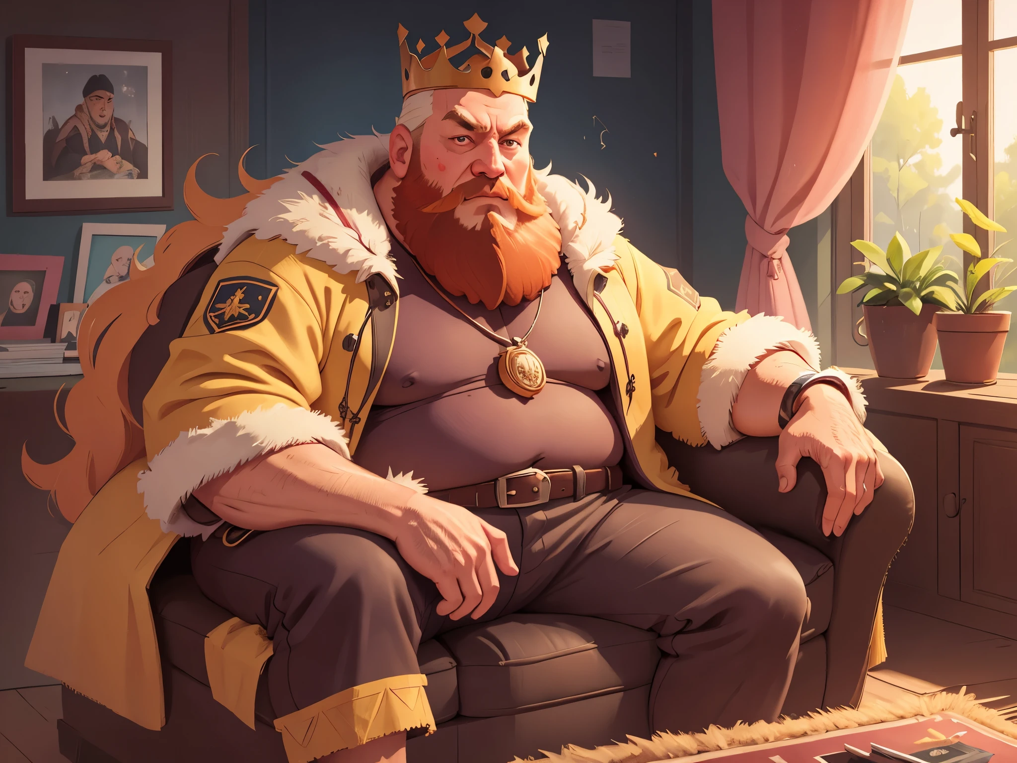 [[[Ultra detailed, best quality, beautiful, 4K, detailed faces, medieval story]]], a fat huge blond bearded man sitting on a sofa with a crown, blond hair, big beard, king's robes, king, huge body, carpet, windows, curtains, living room, sitting on the sofa