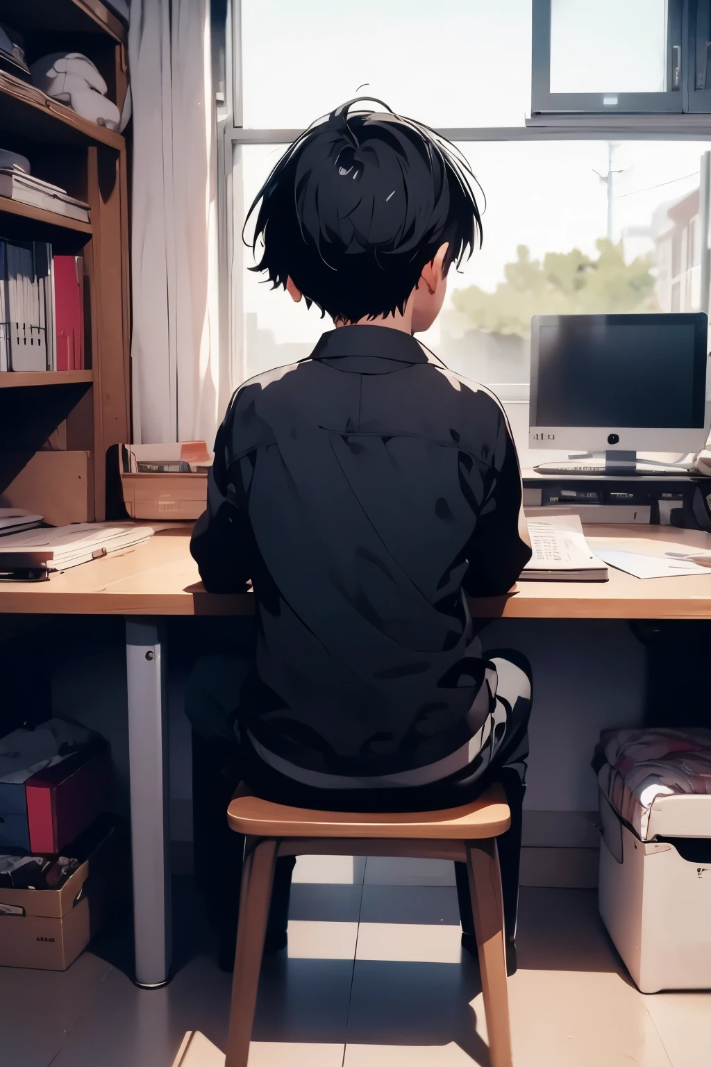 1 boy,back view,Chair,sit,In front of the desk