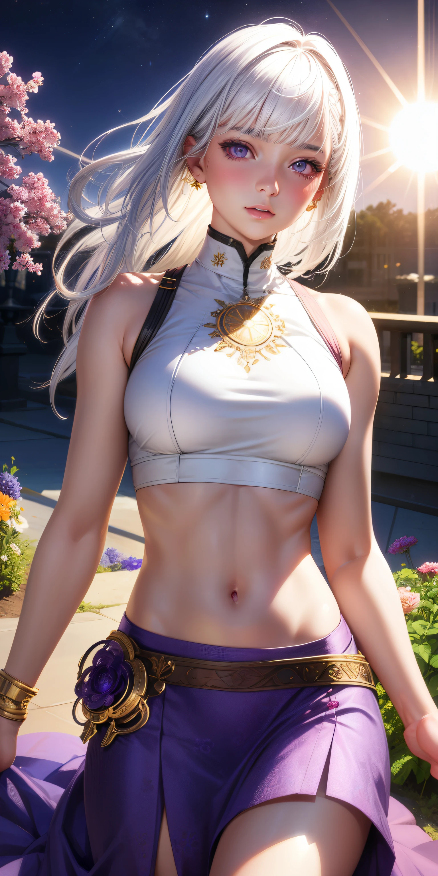 realistic, 1girl, white hair, purple eyes, glowing eyes, crop top, skirt, parted lips, blush, night, flowers, sun, sunlight,