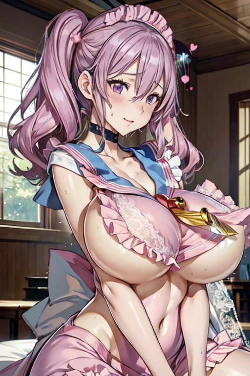 masterpiece, best quality, ultra high res, beautiful detailed hair detailed face, perfect feminine face, (((kashima))), azur lane, twintails hair, ahoge, silver hair, (pink croped sailor gown, lace, frills:1.6),(coverd nipple:0.9), (sagging breasts,gigantic breasts:1.4), (under boob:1.8), huge cleavage,art by sakimichan, george kamitani, akira yasuda