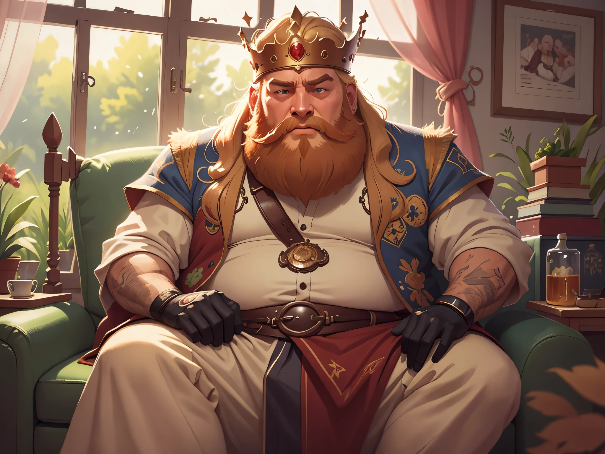 [[[Ultra detailed, best quality, beautiful, 4K, detailed faces, medieval story]]], a fat huge blond bearded man sitting on a sofa with a crown, blond hair, big beard, king's robes, king, huge body, carpet, windows, curtains, living room, sitting on the sofa