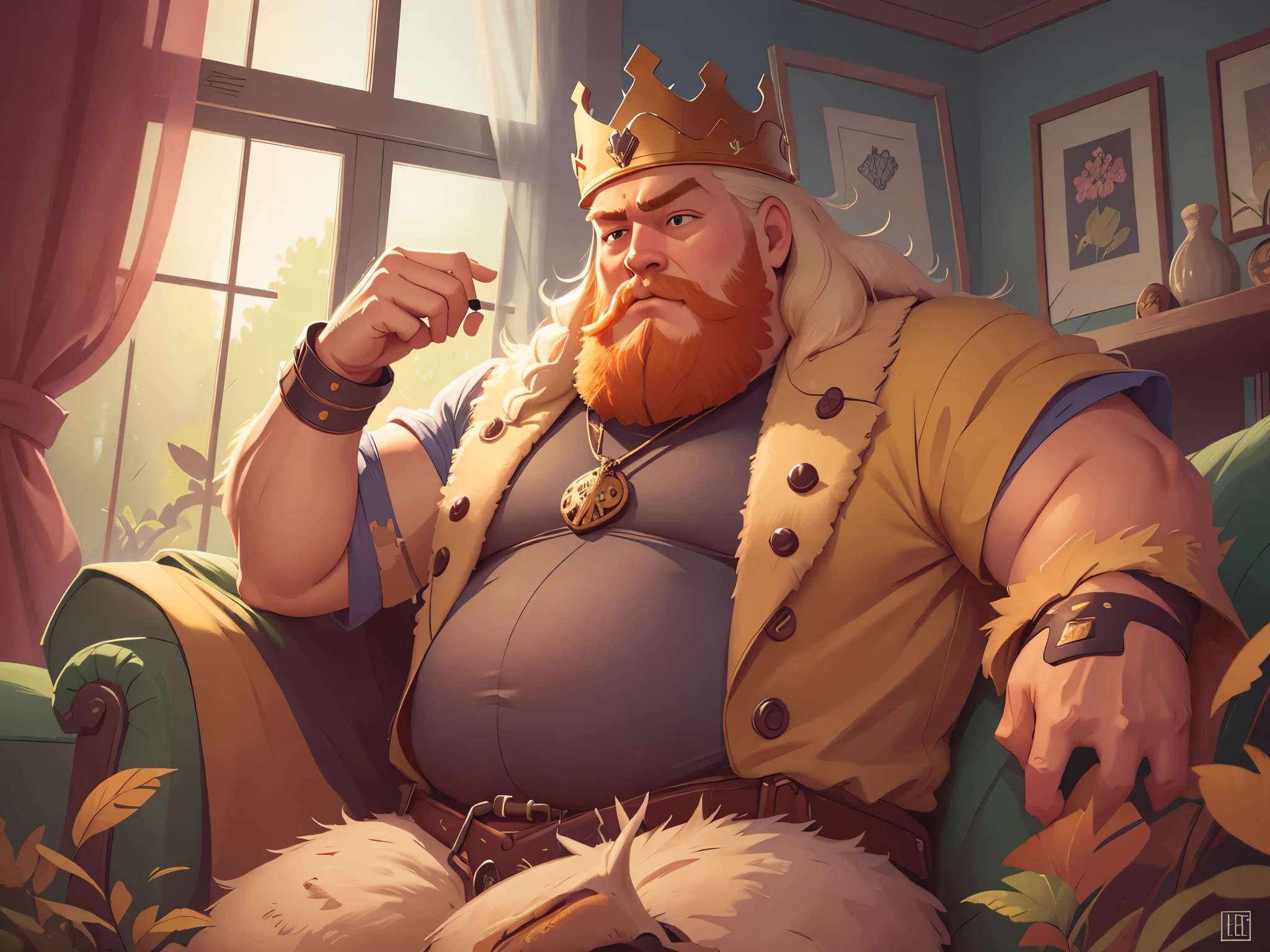 [[[Ultra detailed, best quality, beautiful, 4K, detailed faces, medieval story]]], a fat huge blond bearded man sitting on a sofa with a crown, blond hair, big beard, king's robes, king, huge body, carpet, windows, curtains, living room, sitting on the sofa