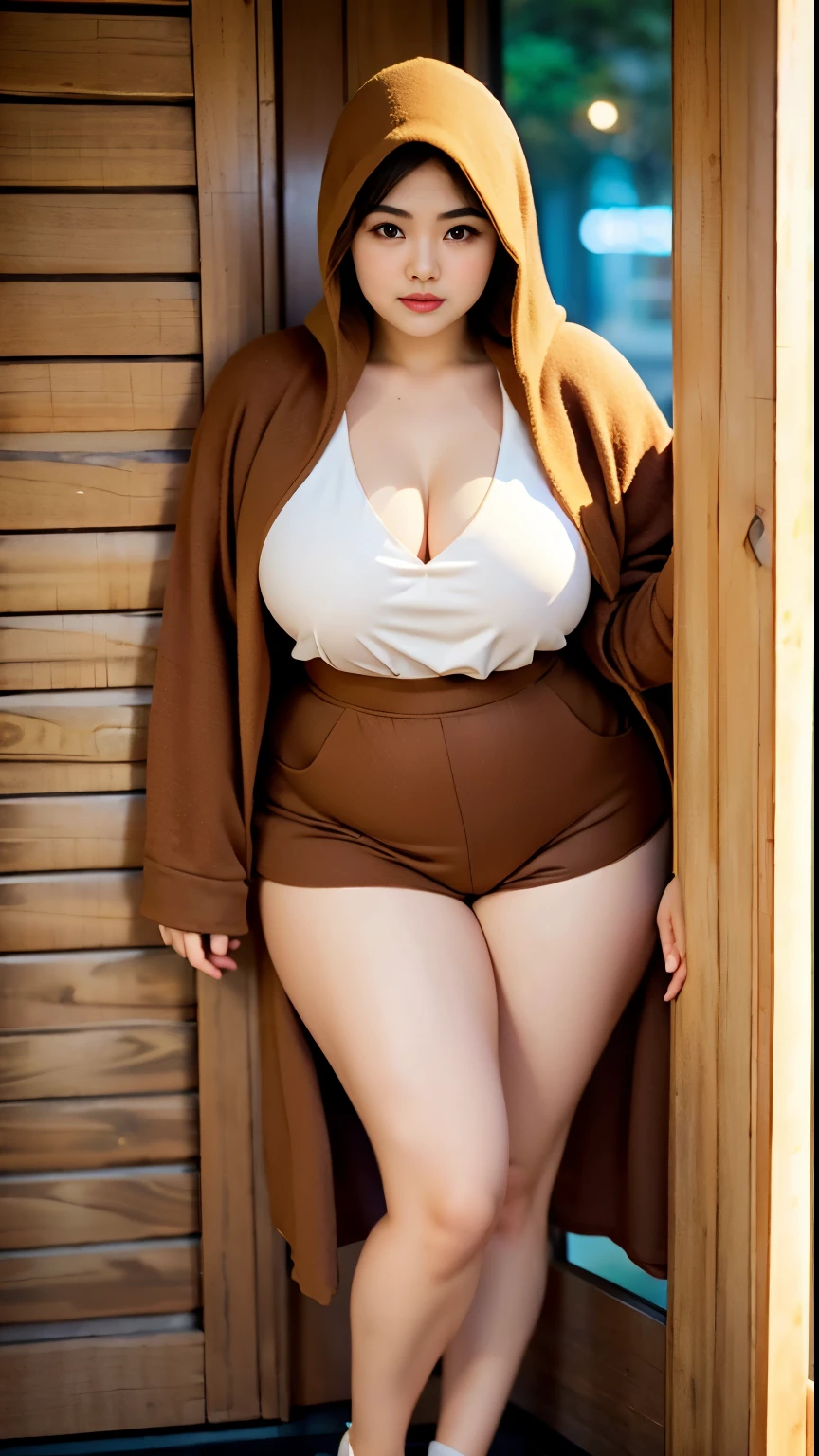 there is a woman lean on the wall with a longest brown hijab, bbwchan, thicc, brown hijab outfit, brown hijab fashion model, korean girl, korean woman, wearing brown robe, full length shot, alluring plus sized model, japanese goddess, clothed in hooded, voluptuous and arousing, portrait shot, curvy model, voluptuous body, wonderful, nene tanaka body , bbwchan, The overall atmosphere is smooth , haunting illustrations, extremely high-resolution details, photographic, realism pushed to extreme, fine texture, 4k, ultra-detailed, high quality, high contrast, red Color sneakers , large cleavage 