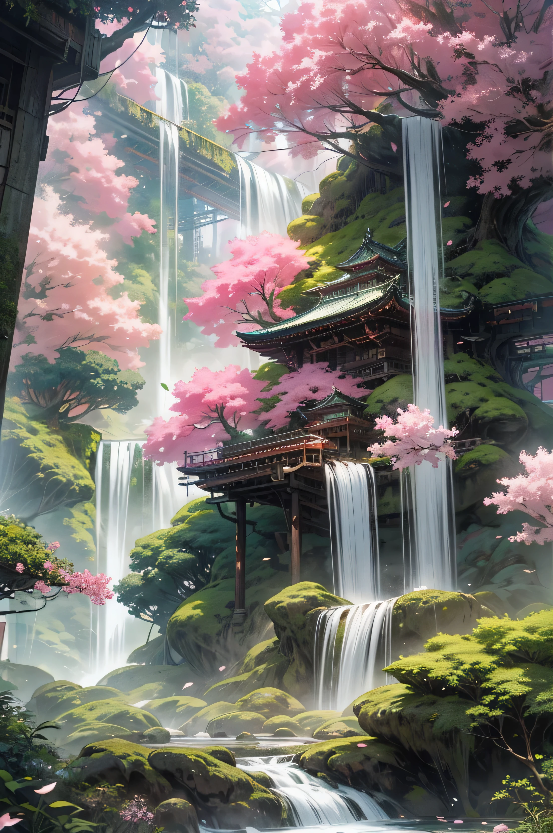 a waterfall flowing through a lush green forest, cyberpunk art, cherry blossom forest, huge futuristic temple city, colorful kitsune city, pink forest