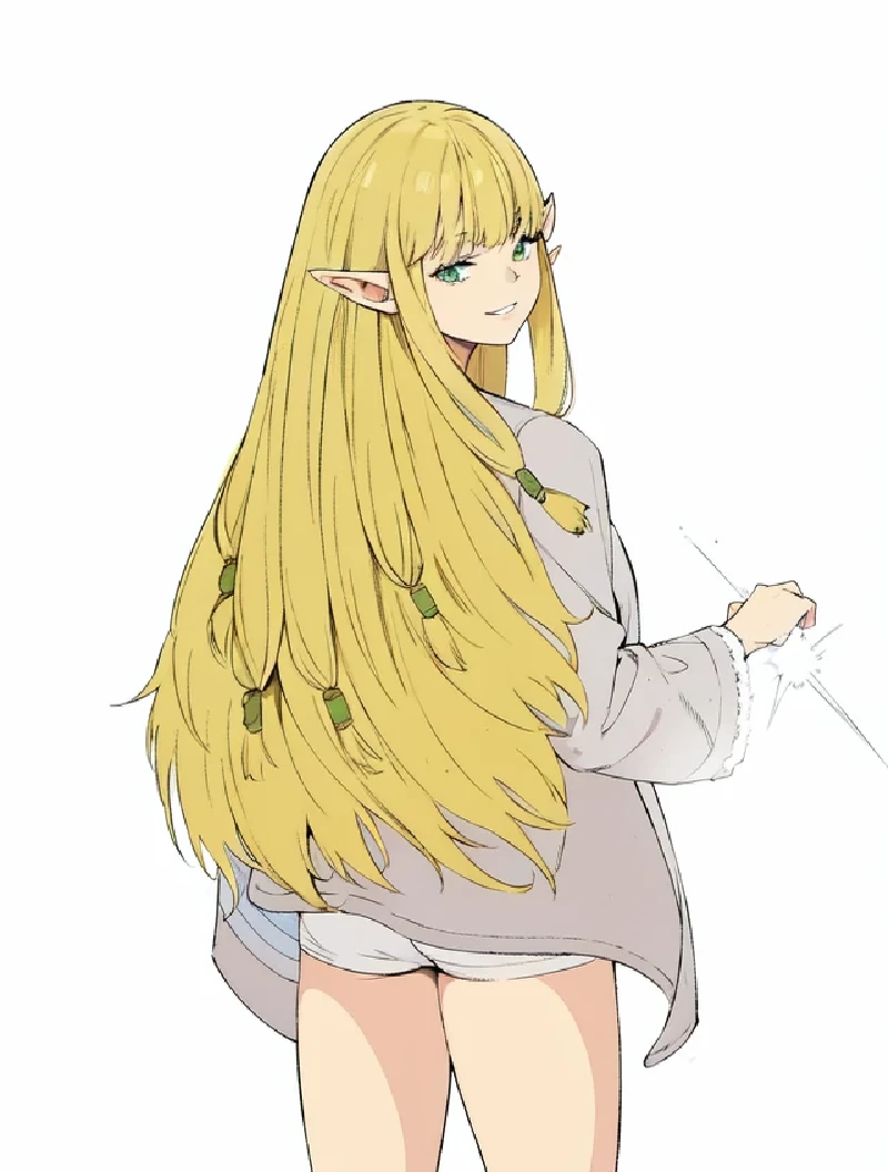 anime elf with long hair and a coat, the hime cut,