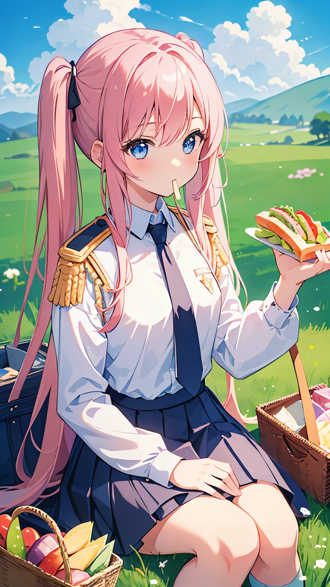 masterpiece、highest quality、blue sky、grassland、Having a picnic、one girl、The hairstyle is long twin tails、pink hair、light blue eyes、big breasts、small person、cute、white long sleeve shirt、epaulettes、black tie、gold tie pin、Wearing a black pleated skirt、Eating a sandwich。