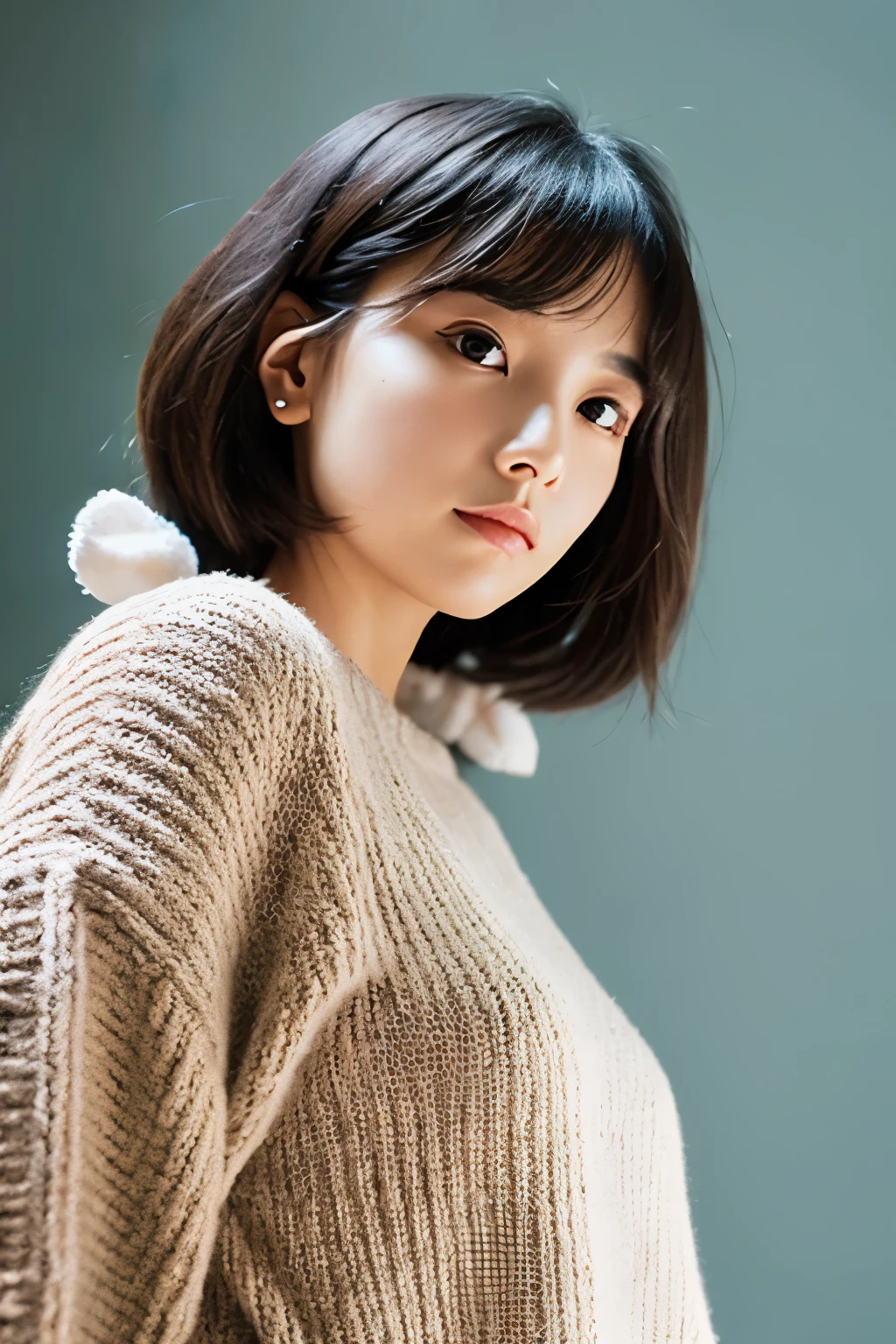short hair，tight eyes，，Nose low，ears are small，slender，knit

