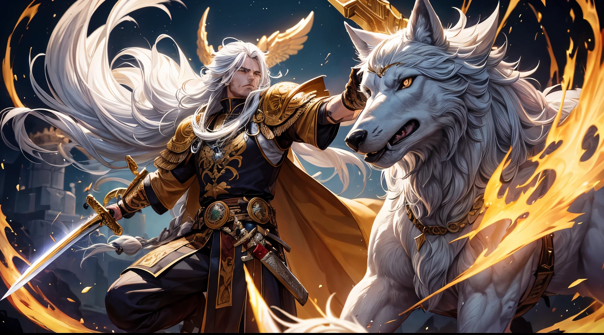 A man with long white hair, a warrior carrying a large sword with detailed carvings of a skull, wearing a gold robe that shines with great detail, in a fighting pose, jumping through the sky, along with a large pet wolf.
