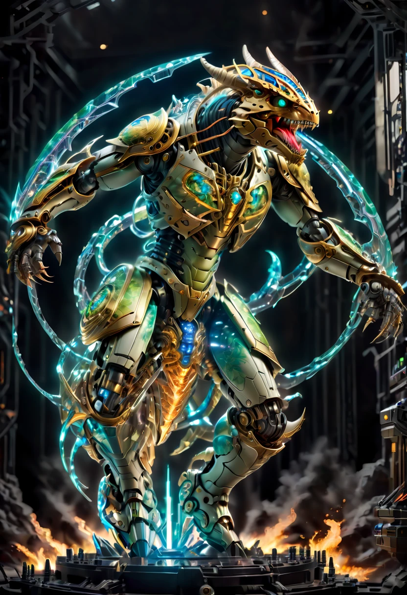 A futuristic ultra-modern mechanical warrior, built entirely out of precise machinery, with a head in the form of a T-Rex. Key components of this warrior feature transparent glowing parts, emphasizing its advanced technological prowess. The warrior is captured in a dynamic pose, wielding a laser sword with an imposing and majestic demeanor. This full-body image is set on a battlefield, highlighting the warrior's readiness for combat. The design combines the ferocity of a dinosaur with the sophistication of future tech, showcasing intricate mechanical details and glowing elements to highlight its power source, conveying a sense of dominance and battle readiness, xenomechanicalworld, art by mooncryptowow