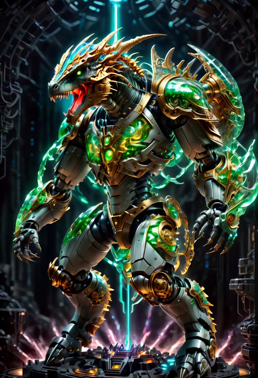 A futuristic ultra-modern mechanical warrior, built entirely out of precise machinery, with a head in the form of a T-Rex. Key components of this warrior feature transparent glowing parts, emphasizing its advanced technological prowess. The warrior is captured in a dynamic pose, wielding a laser sword with an imposing and majestic demeanor. This full-body image is set on a battlefield, highlighting the warrior's readiness for combat. The design combines the ferocity of a dinosaur with the sophistication of future tech, showcasing intricate mechanical details and glowing elements to highlight its power source, conveying a sense of dominance and battle readiness, xenomechanicalworld, art by mooncryptowow