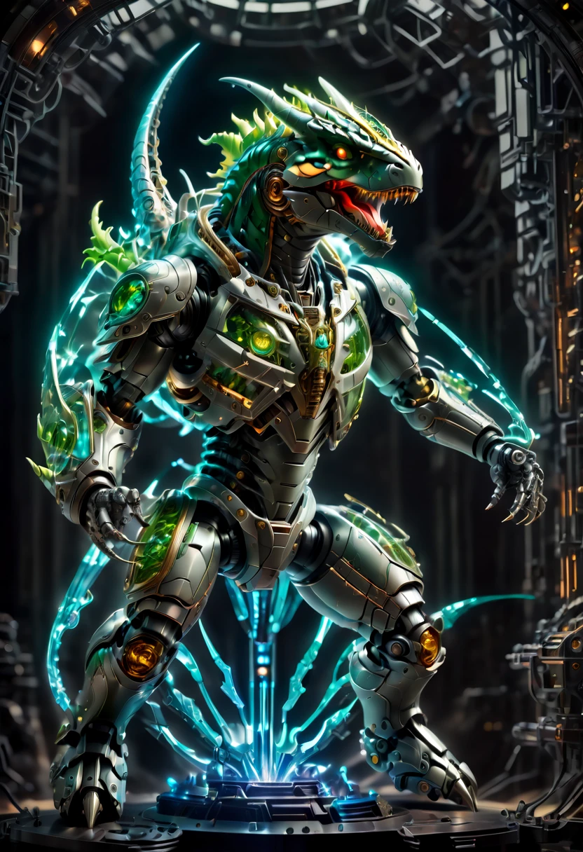 A futuristic ultra-modern mechanical warrior, built entirely out of precise machinery, with a head in the form of a T-Rex. Key components of this warrior feature transparent glowing parts, emphasizing its advanced technological prowess. The warrior is captured in a dynamic pose, wielding a laser sword with an imposing and majestic demeanor. This full-body image is set on a battlefield, highlighting the warrior's readiness for combat. The design combines the ferocity of a dinosaur with the sophistication of future tech, showcasing intricate mechanical details and glowing elements to highlight its power source, conveying a sense of dominance and battle readiness, xenomechanicalworld, art by mooncryptowow