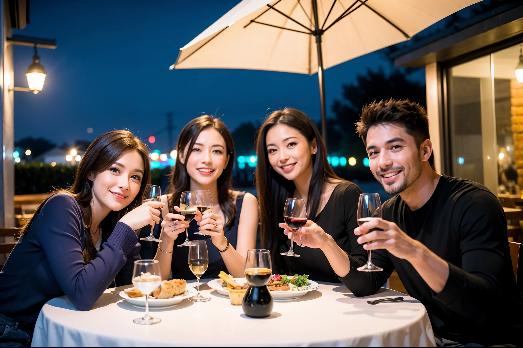 64k, UHD, highest quality, masterpiece: 1.2), (realistic, photorealistic: 1.37), Super detailed, celebration party、beauty、beautiful mature woman、3 women who love wine、Three Men、champagne、Sparkling wine、winter night、restaurantでワイン宴会、(slimな男女4名),(Wine party for 5 people)、(slimフェイス),Happy、 最高なsmile、Fox Face、Raccoon face、Berry Short、(because I'thin), (brown hair), (shortcut), long sleeve shirt、winter fashion、Colombia、Brazilian、Japanese、Dutch、German、Portuguese、Belgian、Italian、french, (gushing), (slimボティ), (brown hair), (shortcut), 端正なbeauty、cheeks blush a little, (41 years old), 38 years old, 35 years old、32 years old、 A beautiful and detailed night view spreads out outside the window....., restaurant, wine glassが座っている, At night, in a prominent place (from the Upper body) nova frog style, actress, model, Upper body, White wine, slim, wine glass, Very beautiful night view, wine glass Put in the Middle, Happy smile, (smile: 1.15),