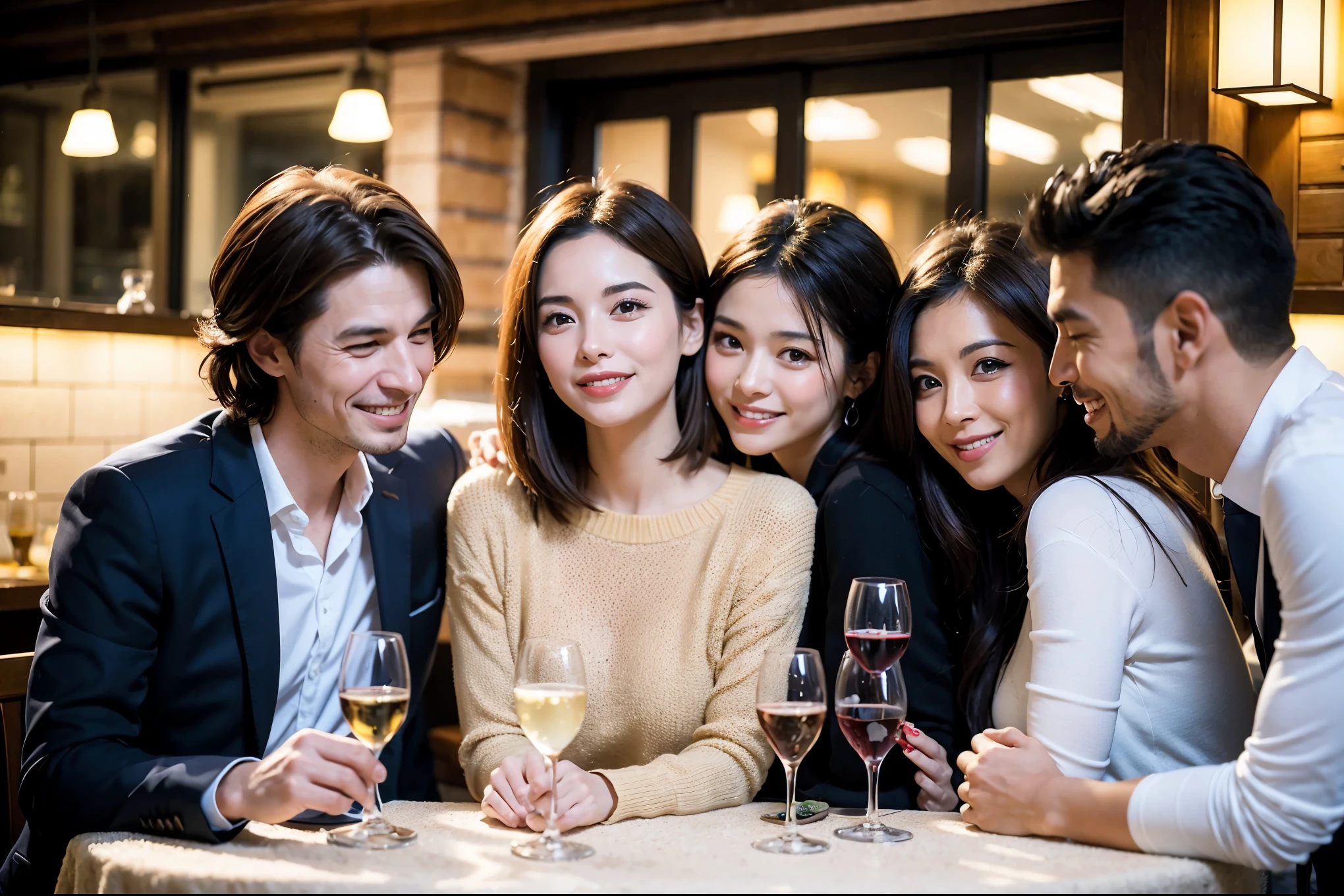 64k, UHD, highest quality, masterpiece: 1.2), (realistic, photorealistic: 1.37), Super detailed, celebration party、beauty、beautiful mature woman、3 women who love wine、Three Men、champagne、Sparkling wine、winter night、restaurantでワイン宴会、(slimな男女4名),(Wine party for 5 people)、(slimフェイス),Happy、 最高なsmile、Fox Face、Raccoon face、Berry Short、(because I'thin), (brown hair), (shortcut), long sleeve shirt、winter fashion、Colombia、Brazilian、Japanese、Dutch、German、Portuguese、Belgian、Italian、french, (gushing), (slimボティ), (brown hair), (shortcut), 端正なbeauty、cheeks blush a little, (41 years old), 38 years old, 35 years old、32 years old、 A beautiful and detailed night view spreads out outside the window....., restaurant, wine glassが座っている, At night, in a prominent place (from the Upper body) nova frog style, actress, model, Upper body, White wine, slim, wine glass, Very beautiful night view, wine glass Put in the Middle, Happy smile, (smile: 1.15),