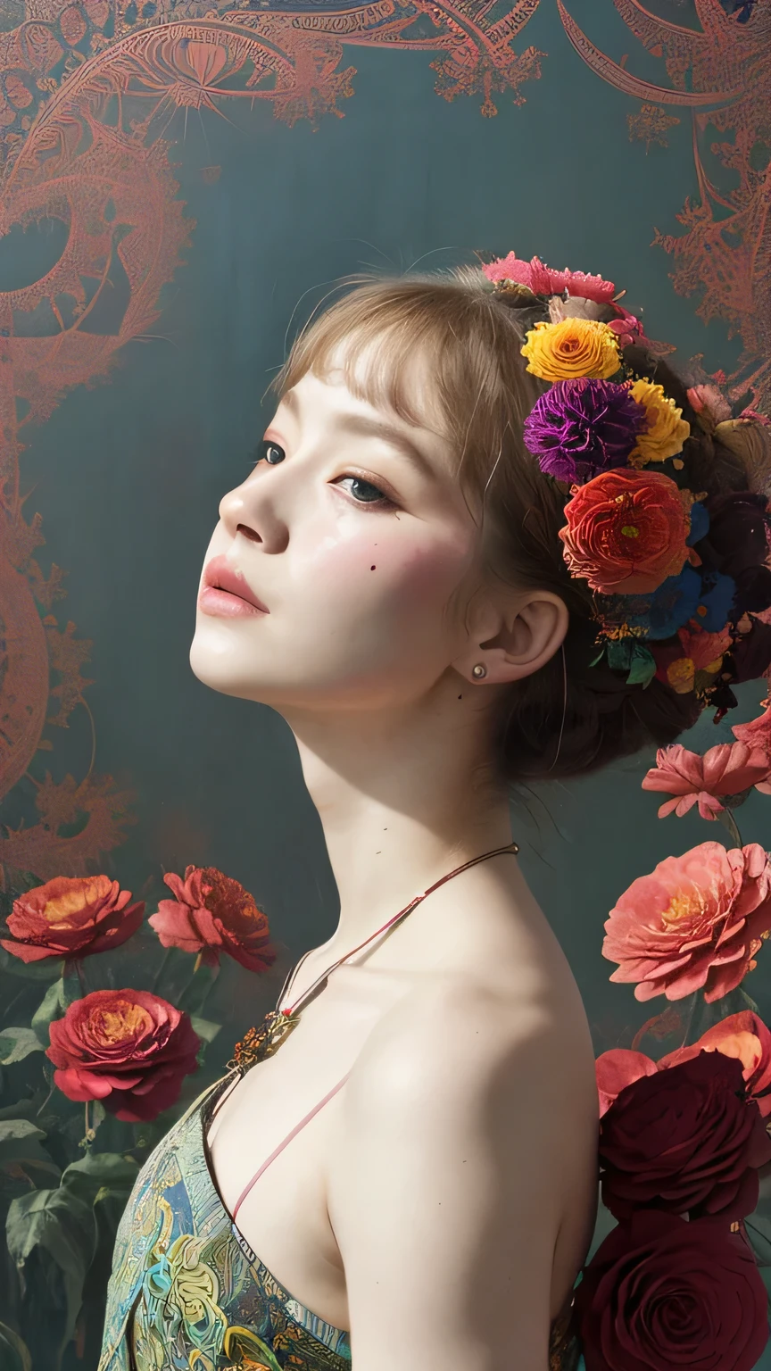 official art, unity 8k wallpaper, Super detailed, beautiful and aesthetic, masterpiece, 最high quality, (zentangle, mandala, tangle, entangle), (fractal art:1.3) , 1 girl, Red flower, very detailed, dynamic angle, cowboy shot, the most beautiful form of chaos, elegant, brutal designer, bright colors, romanticism, Written by James Jean, robbie dowi antono, Ross Tran, francis bacon, Michael Mraz, Adrianne'genius, Petra Cortright, Gerhard Richter, takato yamamoto, ashley wood, in the atmosphere、masterpiece, 最high quality, high quality, High resolution、