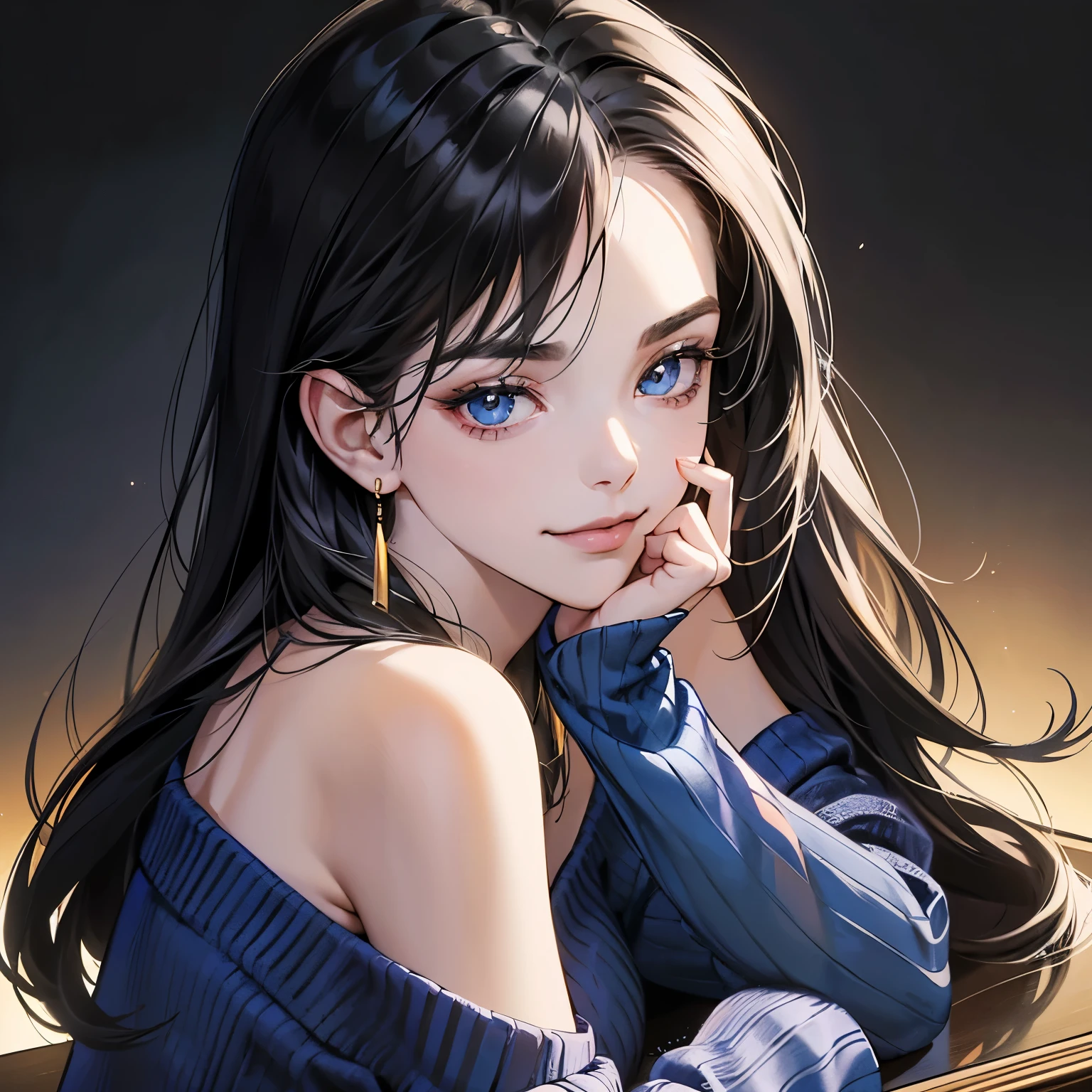(table top, digital art, digital illustration, 4K, 8K, super detailed, beautiful images, clear image, realistic, RAW photo, perfect face, perfect lines, perfect eyes, soft lighting) ,1 female, (long black hair,Bullish gaze,beautiful woman,closed mouth,smirk,Mature,slender,23 year old female,:1.3),Wearing an off-shoulder royal blue sweater, she looks back at the viewer.、Gold earrings and necklace、Black and blue gradient background