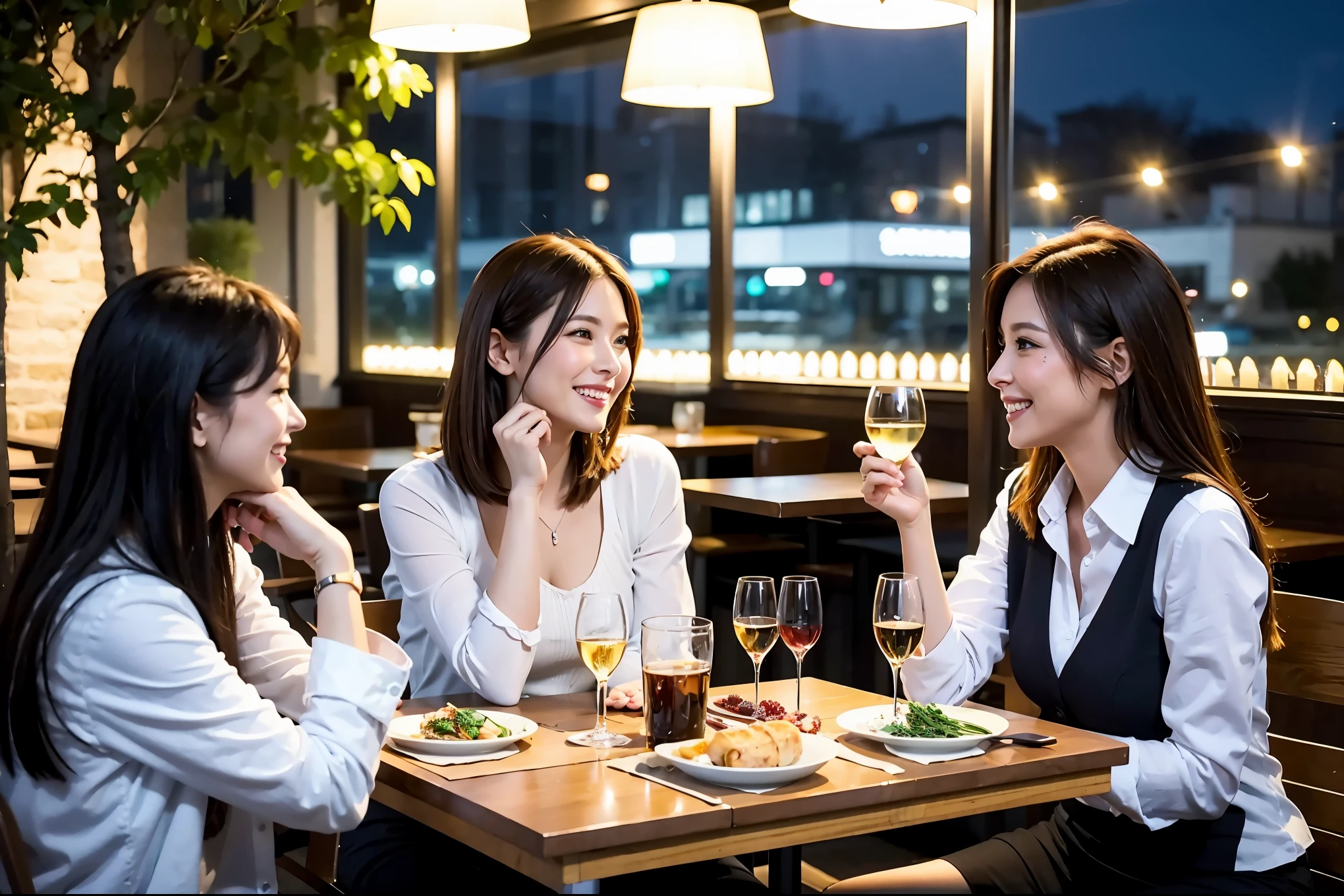 64k, UHD, highest quality, masterpiece: 1.2), (realistic, photorealistic: 1.37), Super detailed, celebration party、beauty、beautiful mature woman、3 women who love wine、Three Men、champagne、Sparkling wine、winter night、restaurantでワイン宴会、(slimな男女4名),(Wine party for 5 people)、(slimフェイス),Happy、 最高なsmile、Fox Face、Berry Short、(because I'thin), (brown hair), (shortcut), long sleeve shirt、winter fashion、Japanese、Dutch、German、Portuguese、Belgian、Italian、french, (gushing), (slimボティ), (brown hair), (shortcut), 端正なbeauty、cheeks blush a little, (34 years old), 38 years old,32 years old、40 years old、29yo、 A beautiful and detailed night view spreads out outside the window....., restaurant, wine glassが座っている, At night, in a prominent place (from the Upper body) nova frog style, actress, model, Upper body, White wine, slim, wine glass, Very beautiful night view, wine glass Put in the Middle, Happy smile, (smile: 1.15),