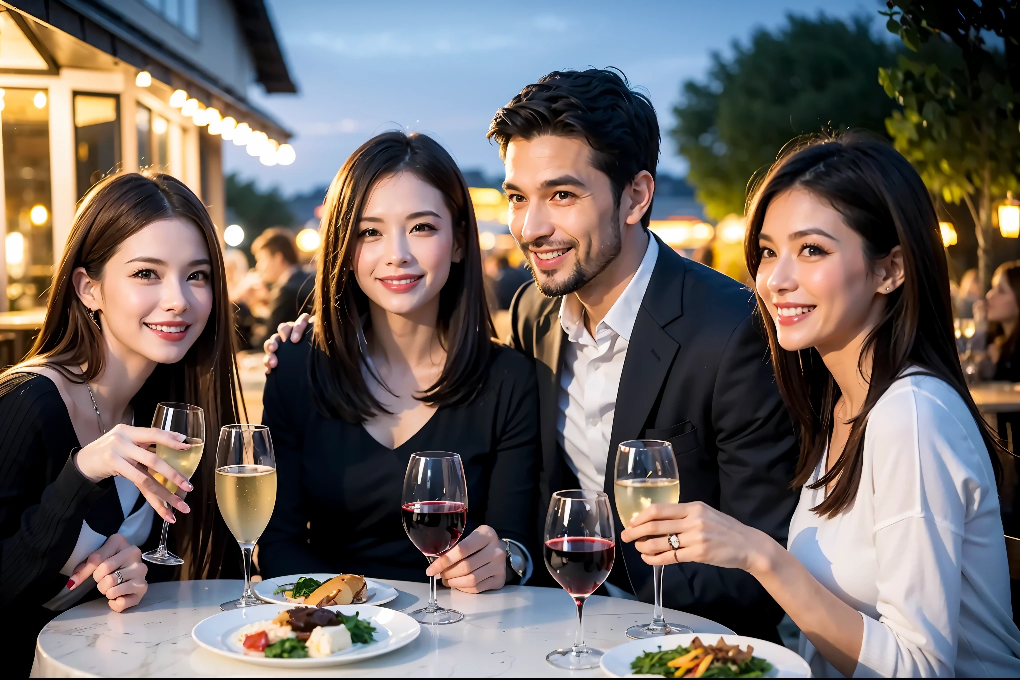 64k, UHD, highest quality, masterpiece: 1.2), (realistic, photorealistic: 1.37), Super detailed, celebration party、beauty、beautiful mature woman、3 women who love wine、Three Men、champagne、Sparkling wine、winter night、restaurantでワイン宴会、(slimな男女4名),(Wine party for 5 people)、(slimフェイス),Happy、 最高なsmile、Fox Face、Berry Short、(because I'thin), (brown hair), (shortcut), long sleeve shirt、winter fashion、Japanese、Dutch、German、Portuguese、Belgian、Italian、french, (gushing), (slimボティ), (brown hair), (shortcut), 端正なbeauty、cheeks blush a little, (34 years old), 38 years old,32 years old、40 years old、29yo、 A beautiful and detailed night view spreads out outside the window....., restaurant, wine glassが座っている, At night, in a prominent place (from the Upper body) nova frog style, actress, model, Upper body, White wine, slim, wine glass, Very beautiful night view, wine glass Put in the Middle, Happy smile, (smile: 1.15),