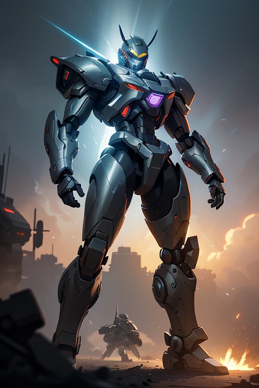 "A futuristic Mecha Warrior in a sci-fi battlefield, wearing a sleek, metallic armor with glowing LED lights. The warrior has a fierce expression and determined eyes, radiating confidence. The armor is highly detailed, with intricate mechanical parts and powerful weaponry. The battlefield is filled with debris and smoke, showcasing the aftermath of a fierce battle. The lighting is dramatic, with rays of sunlight piercing through the thick smoke, creating a contrast between light and shadow. The color palette is dominated by cool tones, enhancing the futuristic atmosphere. The artwork is of the highest quality, with ultra-detailed rendering and an emphasis on realistic textures. The final image should be a masterpiece, capturing the epicness and intensity of the Mecha Warrior's presence."