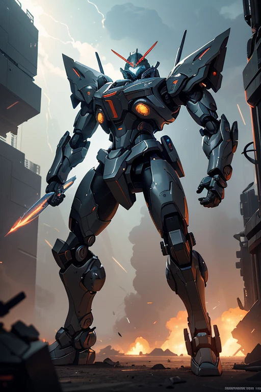 "A futuristic Mecha Warrior in a sci-fi battlefield, wearing a sleek, metallic armor with glowing LED lights. The warrior has a fierce expression and determined eyes, radiating confidence. The armor is highly detailed, with intricate mechanical parts and powerful weaponry. The battlefield is filled with debris and smoke, showcasing the aftermath of a fierce battle. The lighting is dramatic, with rays of sunlight piercing through the thick smoke, creating a contrast between light and shadow. The color palette is dominated by cool tones, enhancing the futuristic atmosphere. The artwork is of the highest quality, with ultra-detailed rendering and an emphasis on realistic textures. The final image should be a masterpiece, capturing the epicness and intensity of the Mecha Warrior's presence."