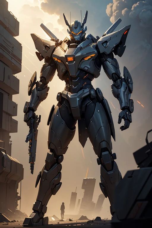 "A futuristic Mecha Warrior in a sci-fi battlefield, wearing a sleek, metallic armor with glowing LED lights. The warrior has a fierce expression and determined eyes, radiating confidence. The armor is highly detailed, with intricate mechanical parts and powerful weaponry. The battlefield is filled with debris and smoke, showcasing the aftermath of a fierce battle. The lighting is dramatic, with rays of sunlight piercing through the thick smoke, creating a contrast between light and shadow. The color palette is dominated by cool tones, enhancing the futuristic atmosphere. The artwork is of the highest quality, with ultra-detailed rendering and an emphasis on realistic textures. The final image should be a masterpiece, capturing the epicness and intensity of the Mecha Warrior's presence."