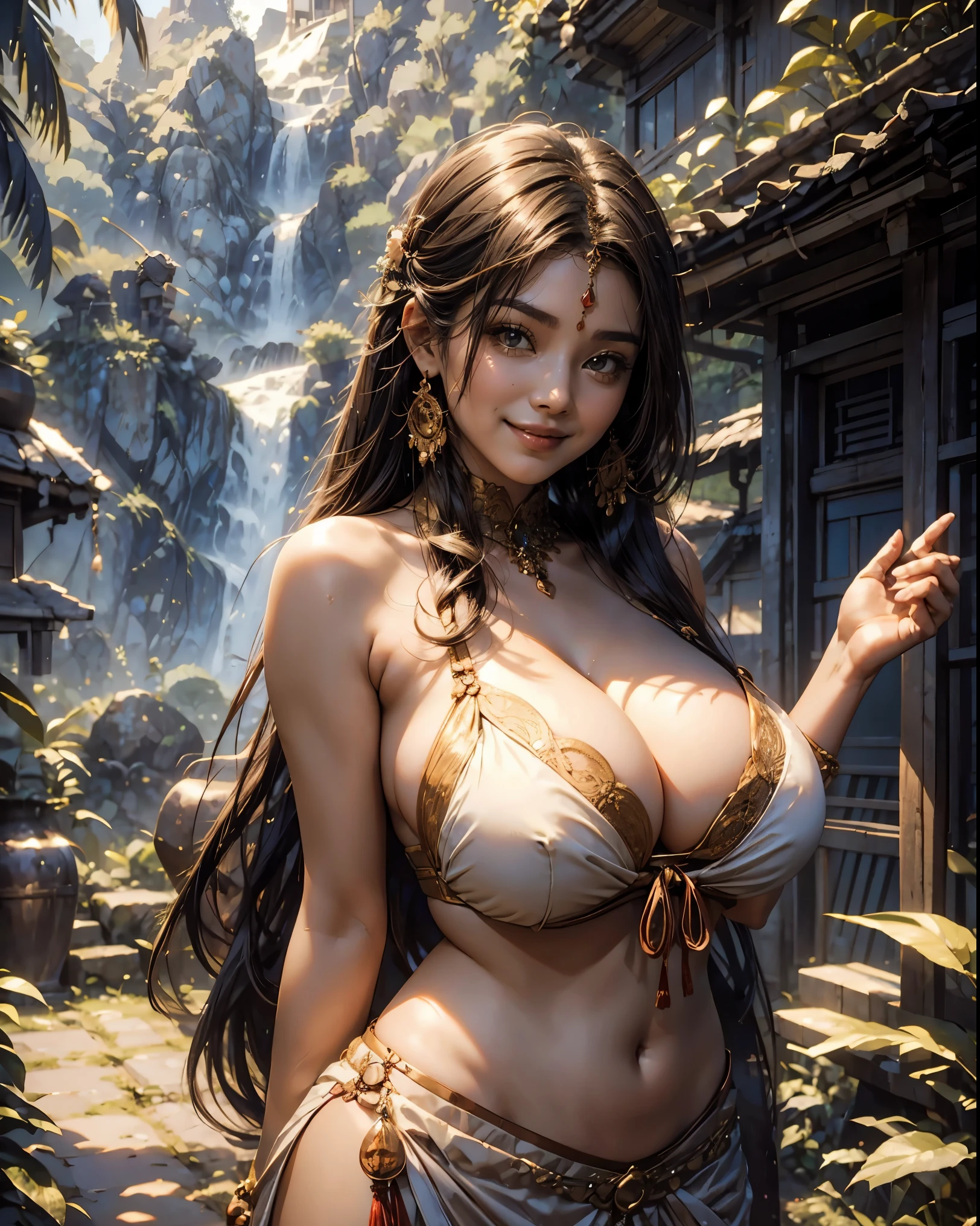 a sexy woman posing for a pic, sexy huge breasts , cleavage, sexy smiley face, smile on face, assamese aesthetic, beautiful young himalayan woman, outdoor fine photography, young himalayan woman, lovely languid princess, beautiful asian woman